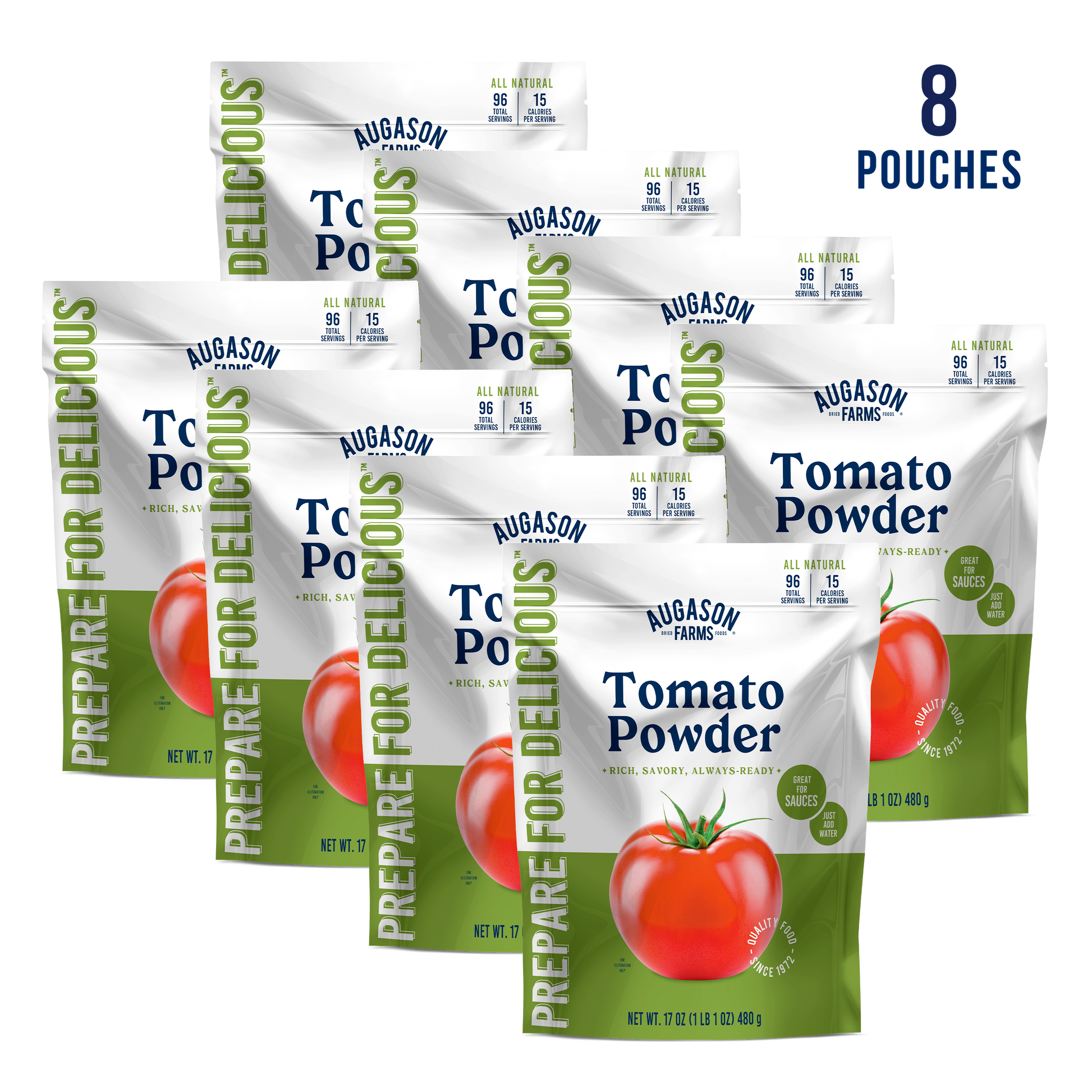 Augason Farms tomato powder pouch with 96 servings, showing a resealable bag of bright red powdered tomato product.