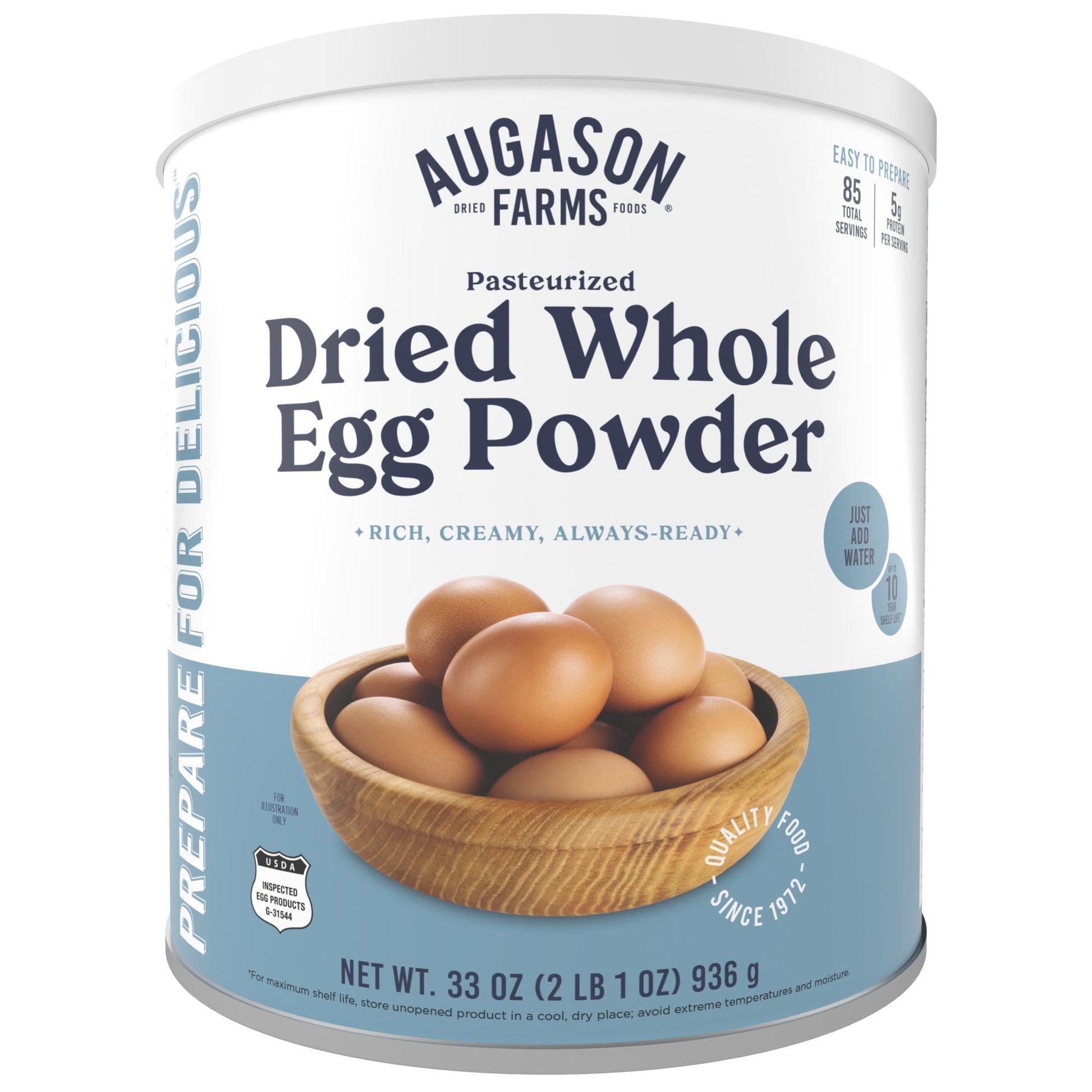 Augason Farms pasteurized dried whole egg powder can for storm prep, 85 servings, with a clear view of the can and label.