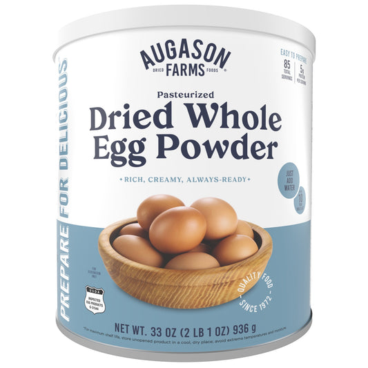 Augason Farms pasteurized dried whole egg powder can for storm prep, 85 servings, with a clear view of the can and label.