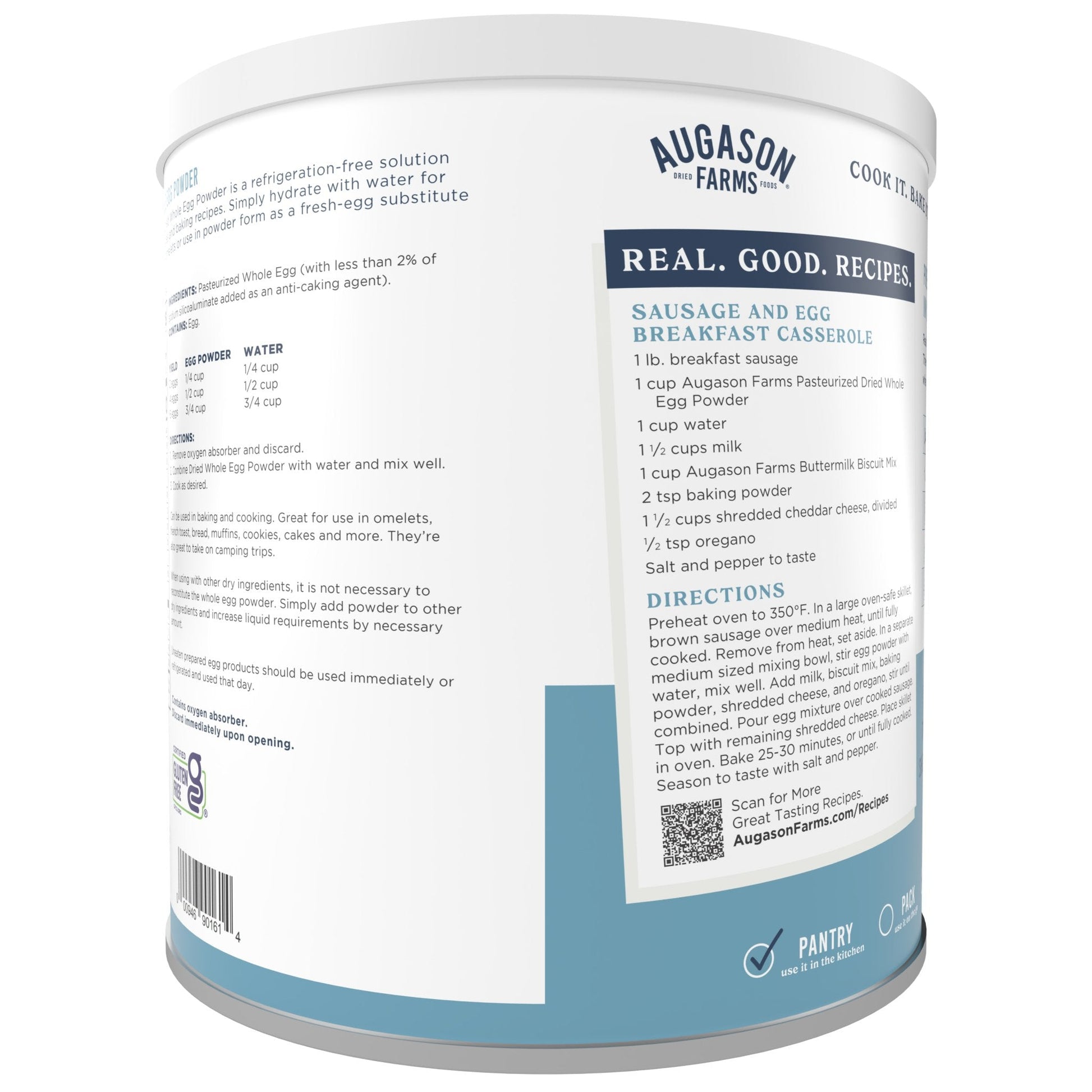 Augason Farms pasteurized dried whole egg powder can, storm prep, 85 servings, in a white can with label and lid.