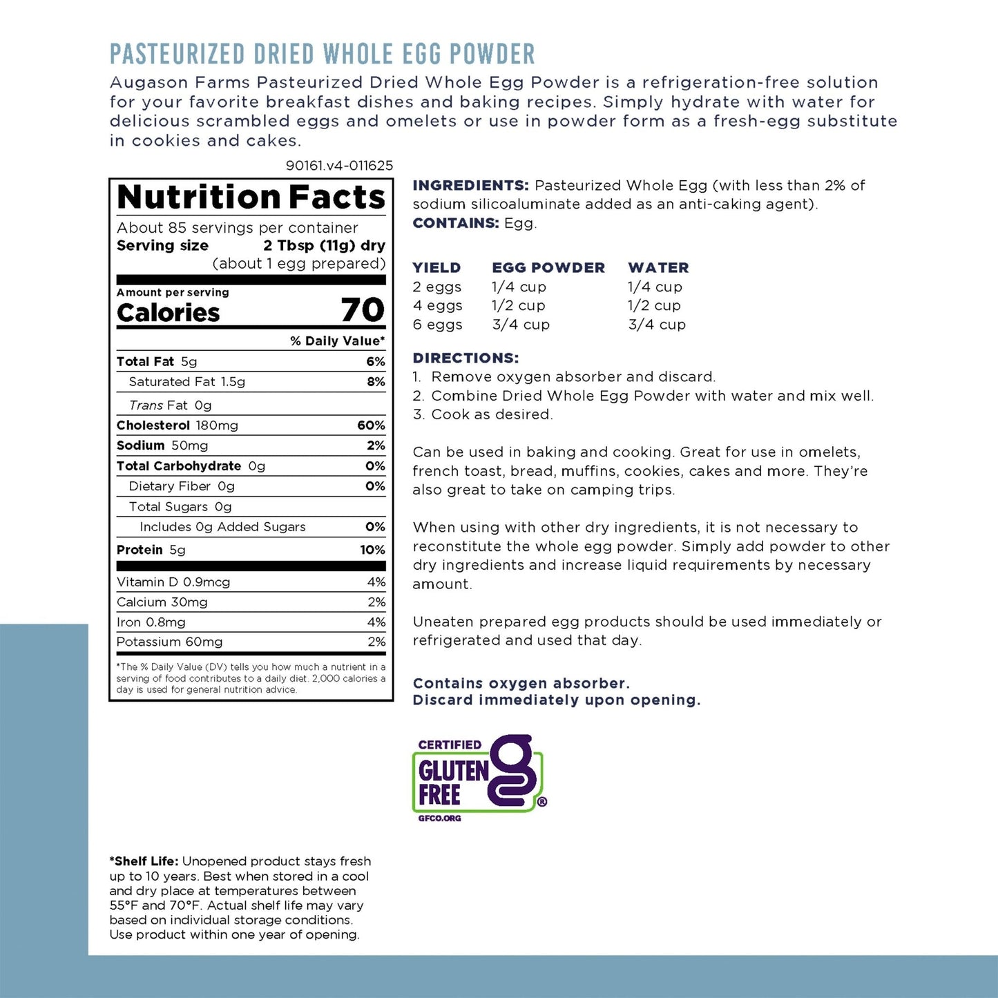 Augason Farms pasteurized dried whole egg powder in an can, suitable for storm prep, with 85 servings for emergency food supply.