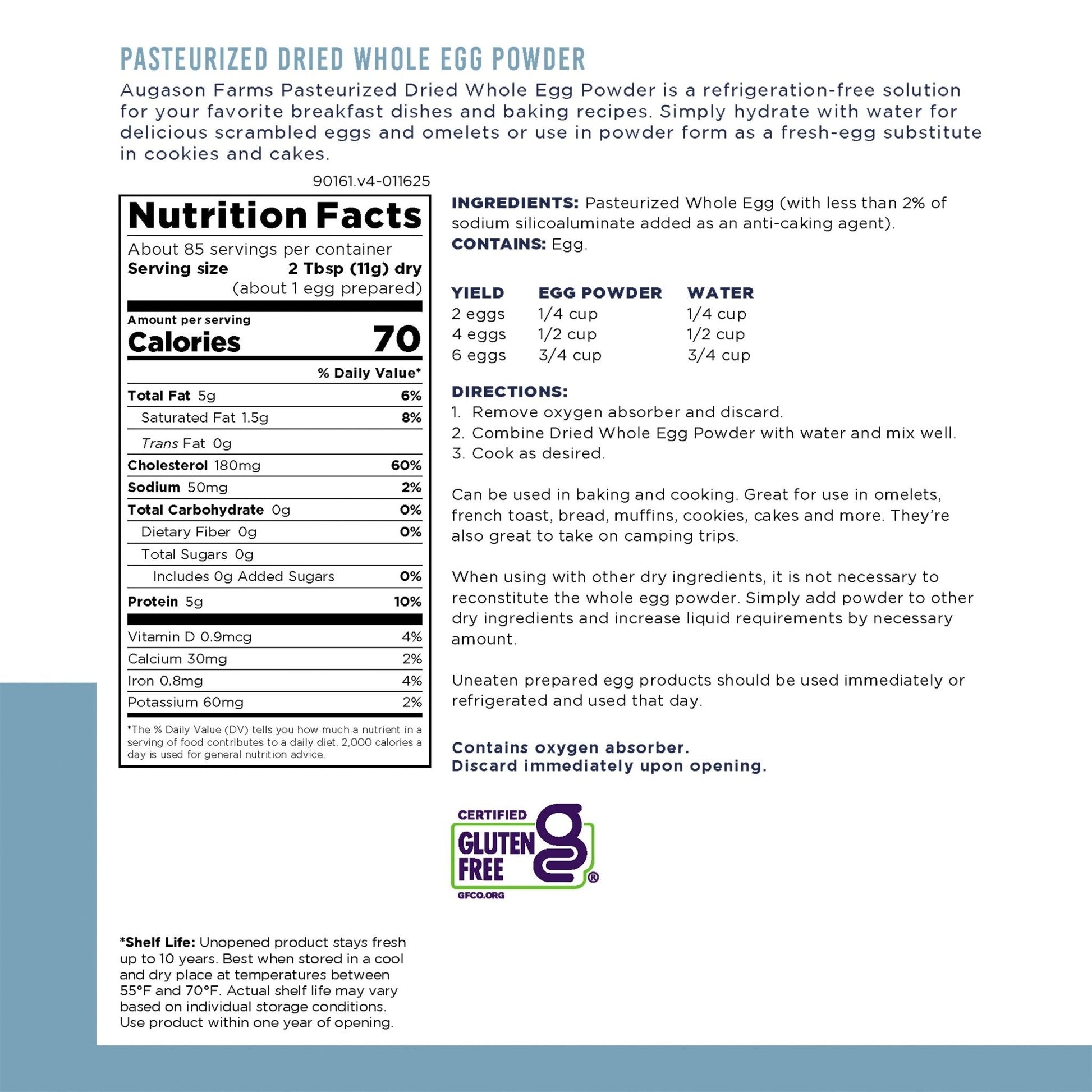 Augason Farms pasteurized dried whole egg powder in an can, suitable for storm prep, with 85 servings for emergency food supply.