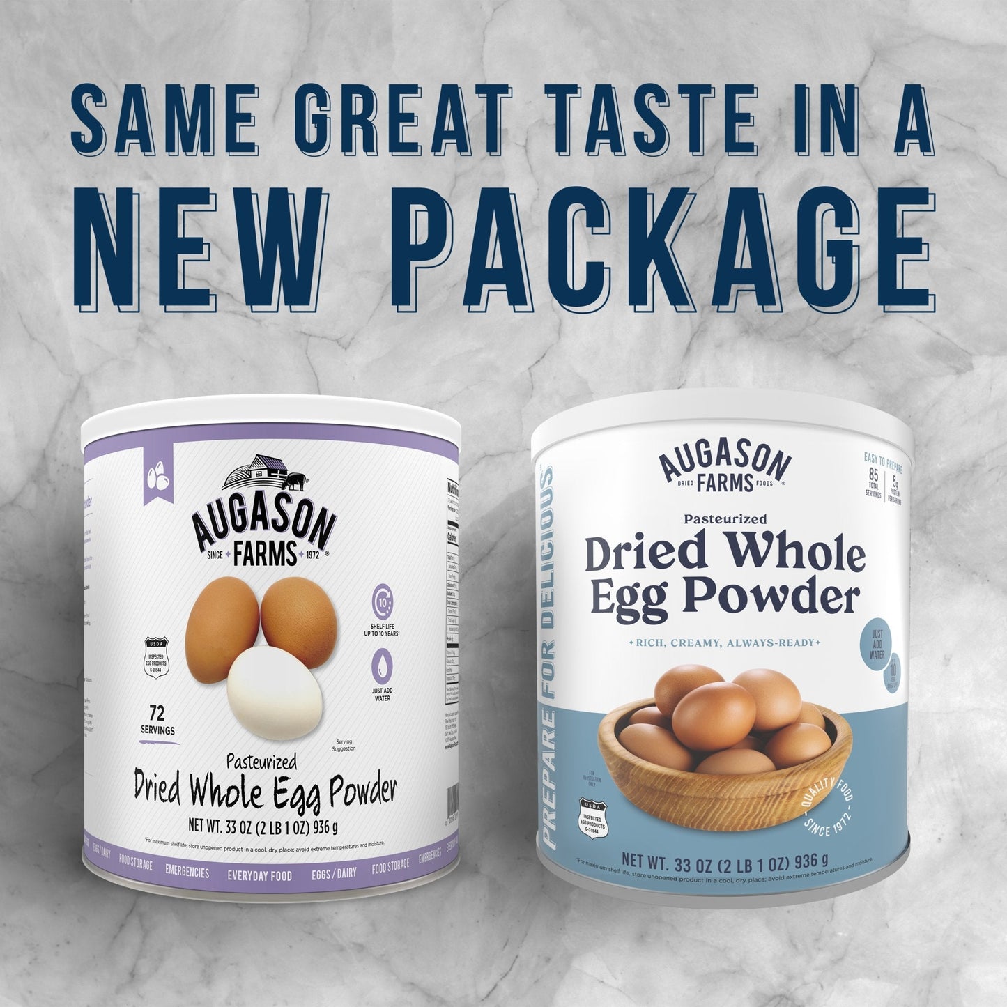 Augason Farms pasteurized dried whole egg powder can for storm prep, 85 servings, in a sealed can for emergency food storage.