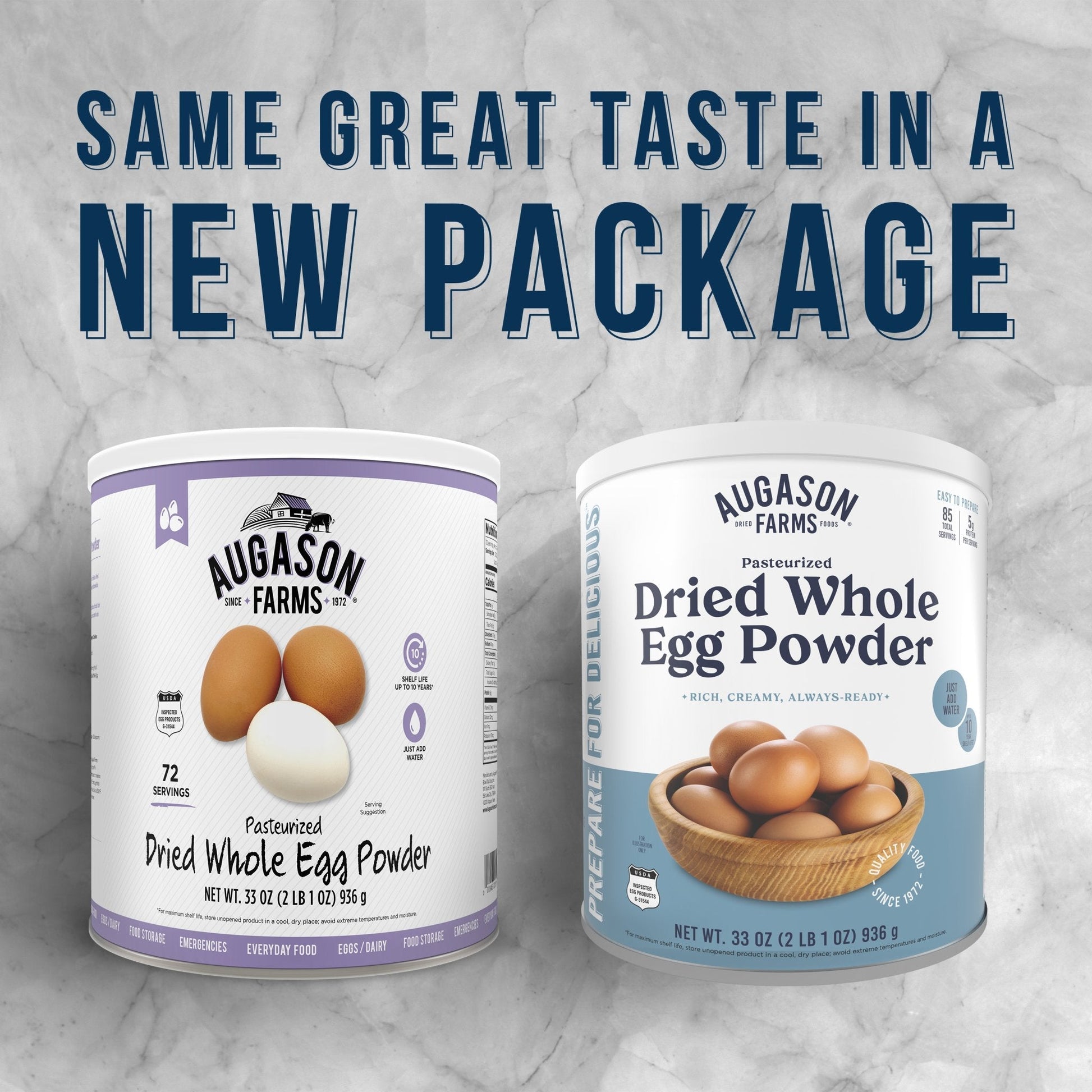 Augason Farms pasteurized dried whole egg powder can for storm prep, 85 servings, in a sealed can for emergency food storage.