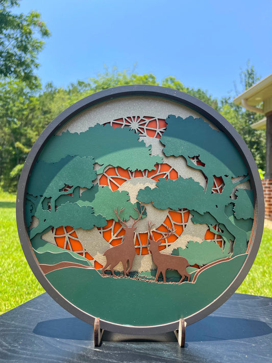 Laser engraved Deer Scenic Mandala by AVEL Woodworking, featuring intricate woodland scene in detailed wooden design.