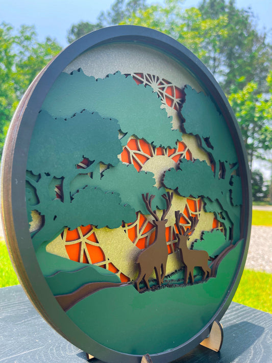 Laser-engraved Deer Scenic Mandala by AVEL Woodworking, featuring intricate forest and deer designs on wood.