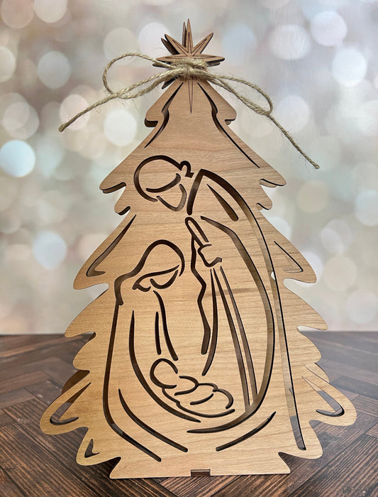 Laser engraved Nativity Scene with Votive Candle by AVEL Woodworking, detailed wooden Christmas decor with candle holder.