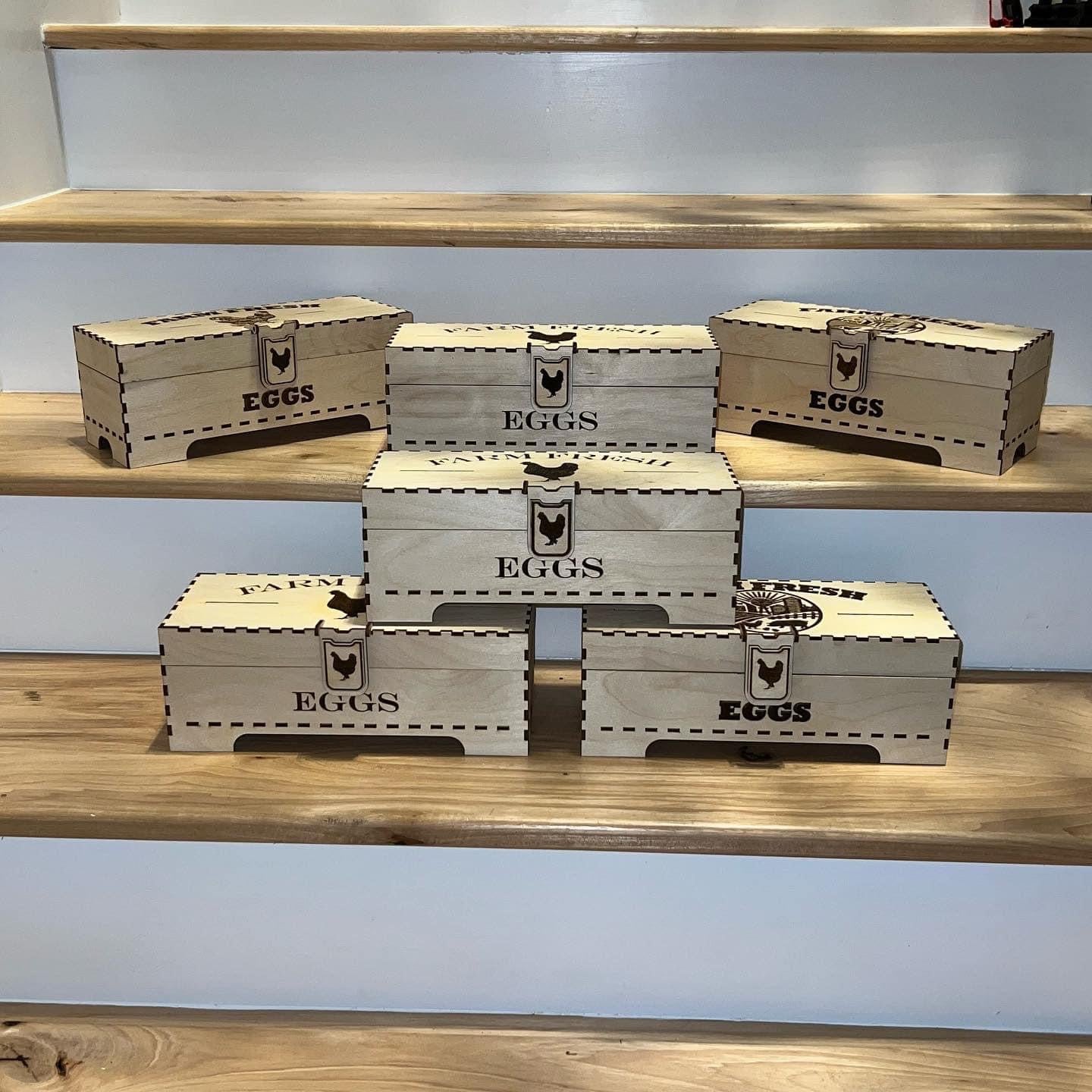 Laser-engraved wooden egg box by AVEL Woodworking featuring a single chicken design, handcrafted for storing eggs.