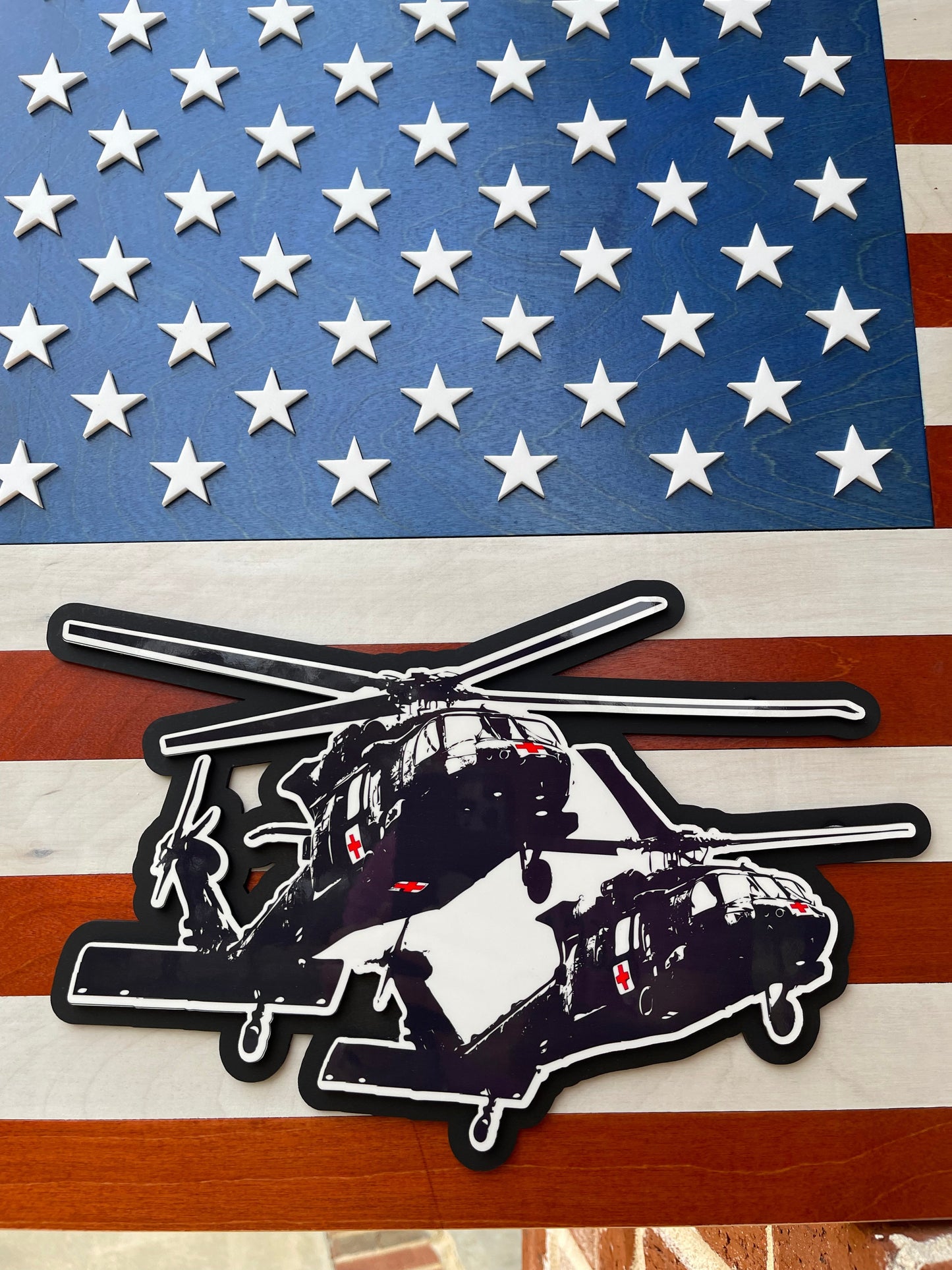 Mini stained American flag wall decor by AVEL Woodworking, featuring a detailed wooden American flag design for home decoration.