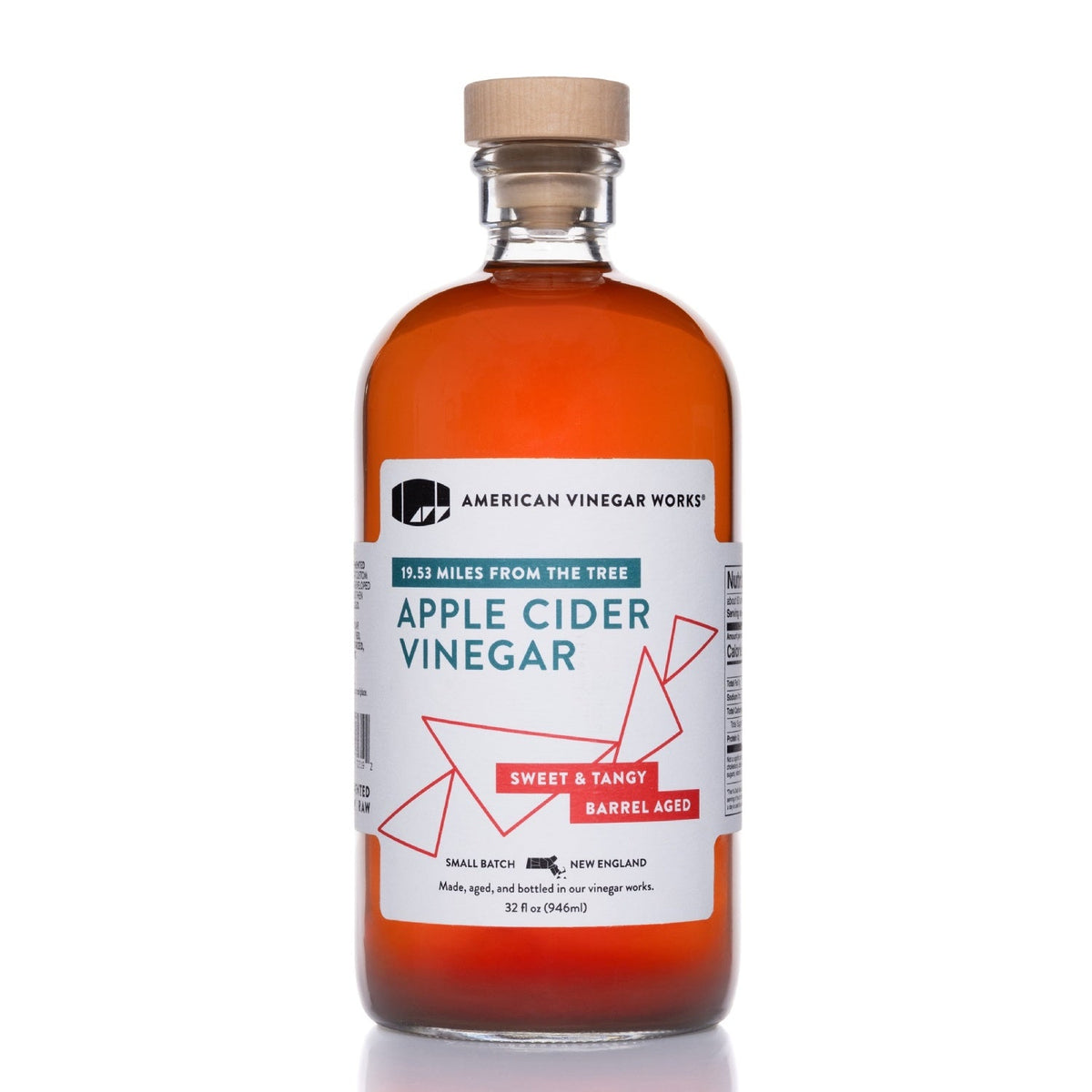 American Vinegar Works apple cider vinegar bottle, 19.53 miles from the Tree product, clear label, transparent glass container