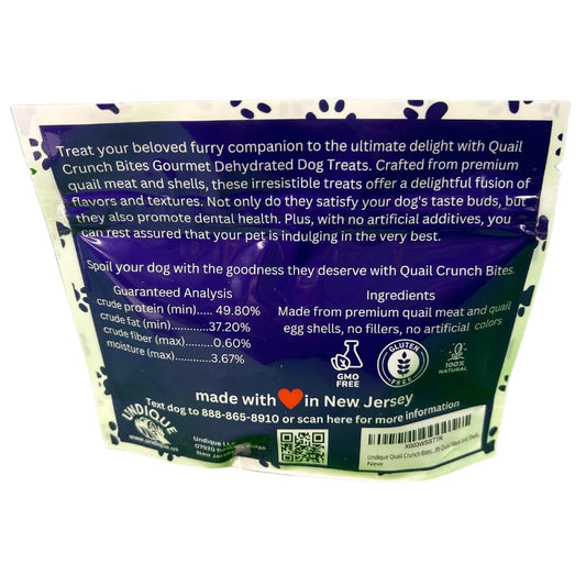 Dehydrated Quail Crunch Bites dog treats with quail meat and shells, organic ingredients, perfect for training and healthy snacking.