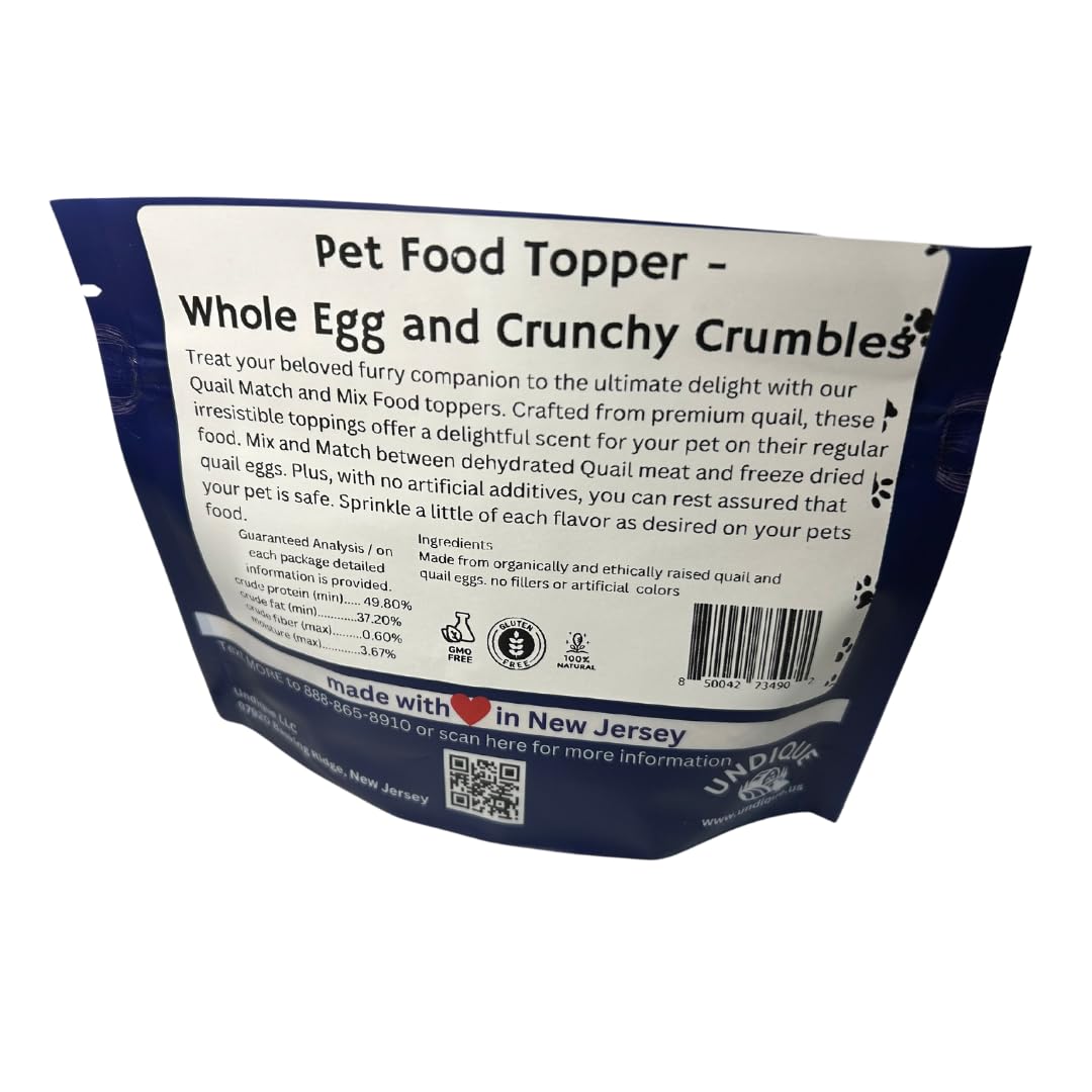Pet food toppers with whole quail egg and crunchy quail meat crumbles in a bowl for dogs or cats.