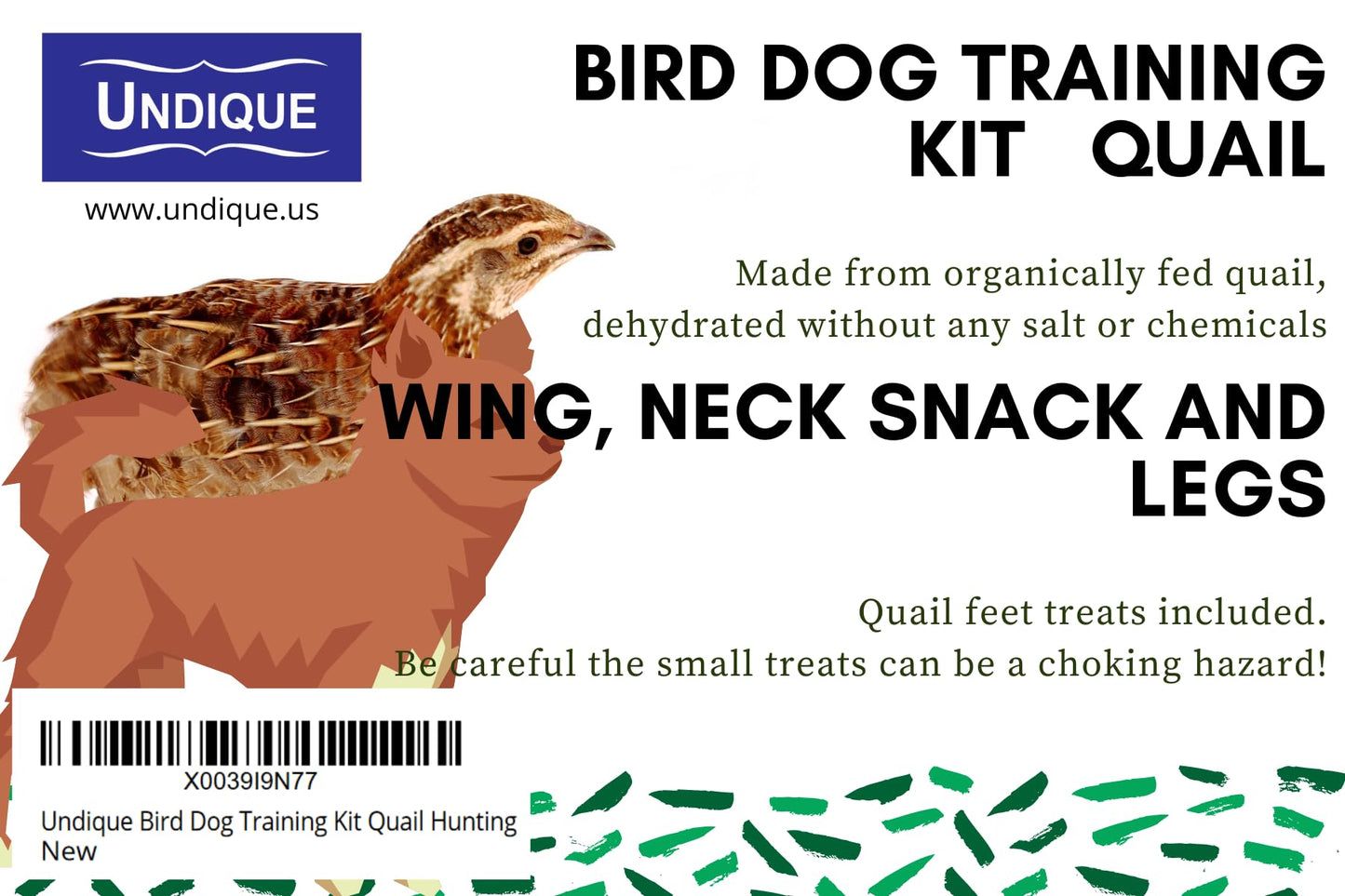 Quailz.com Quail Wing Dog Training Kit with nutritious treats and quail wing for effective dog training sessions, not suitable for small breeds.