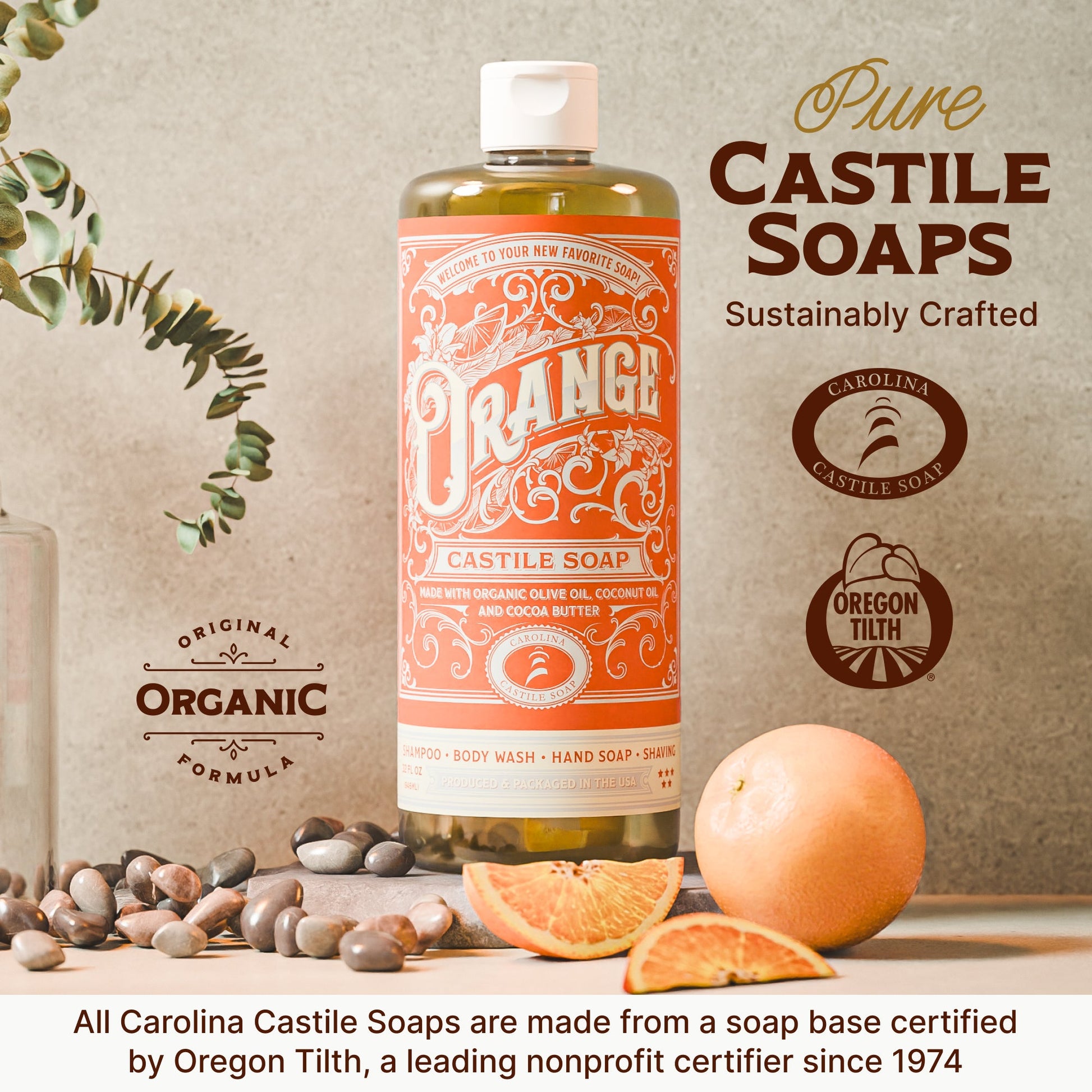 Orange Carolina Castile Soap bar with vibrant orange color and natural citrus scent, showcasing its smooth, rectangular shape.