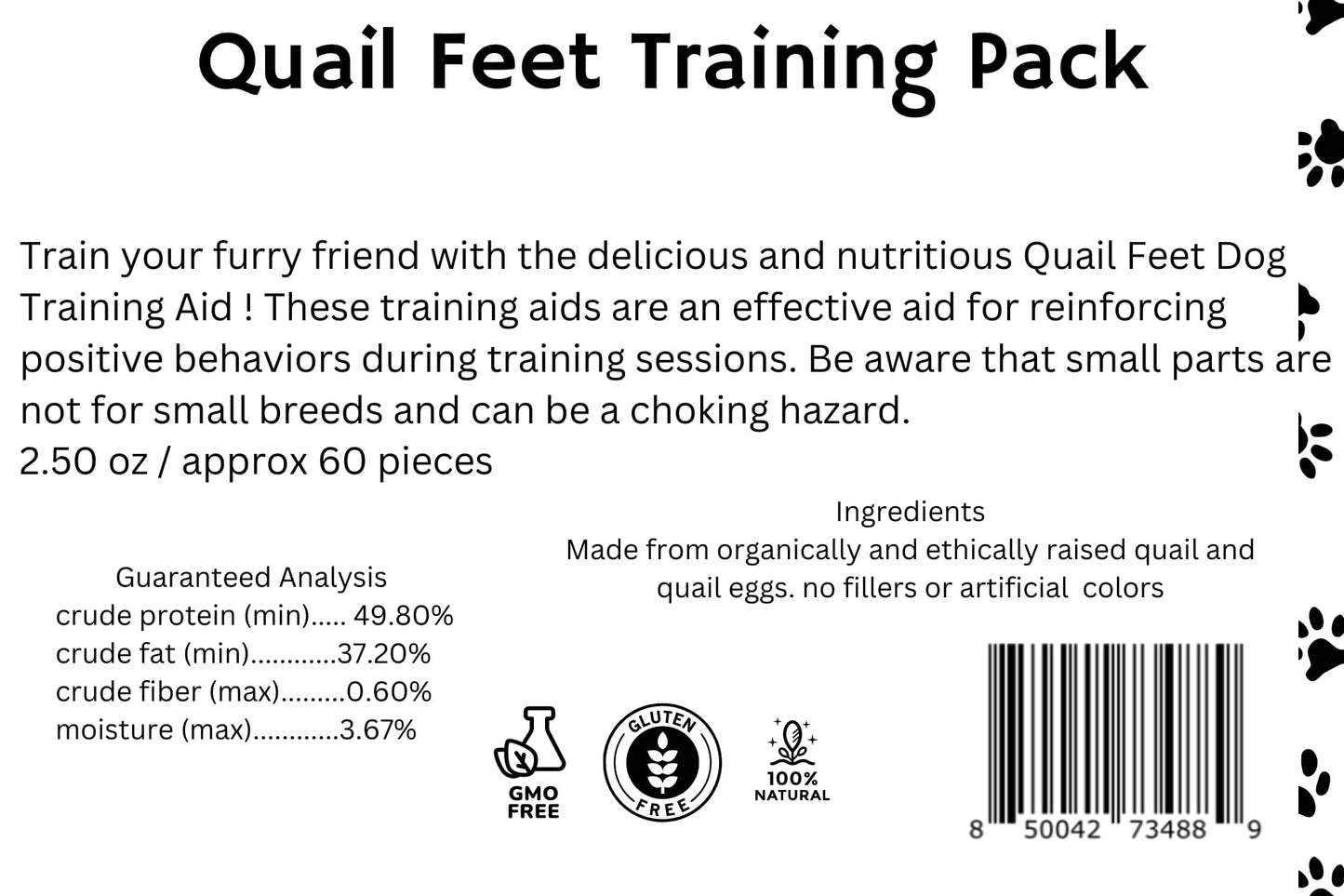 Dog treats featuring quail feet from Quailz.com by Undique LLC, showing natural, crunchy quail foot treats for training or rewards.