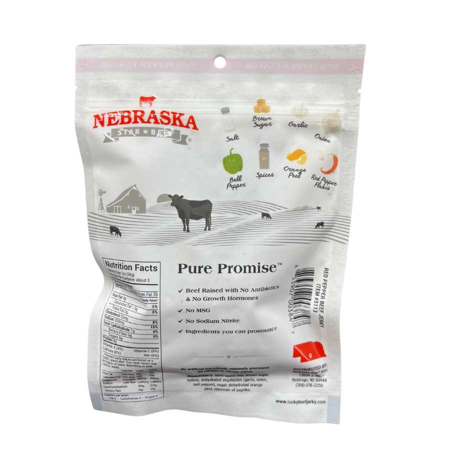 Back view of 3 oz Red Pepper Beef Jerky from Nebraska Star Beef, showing spicy, sliced beef jerky on a wooden surface.