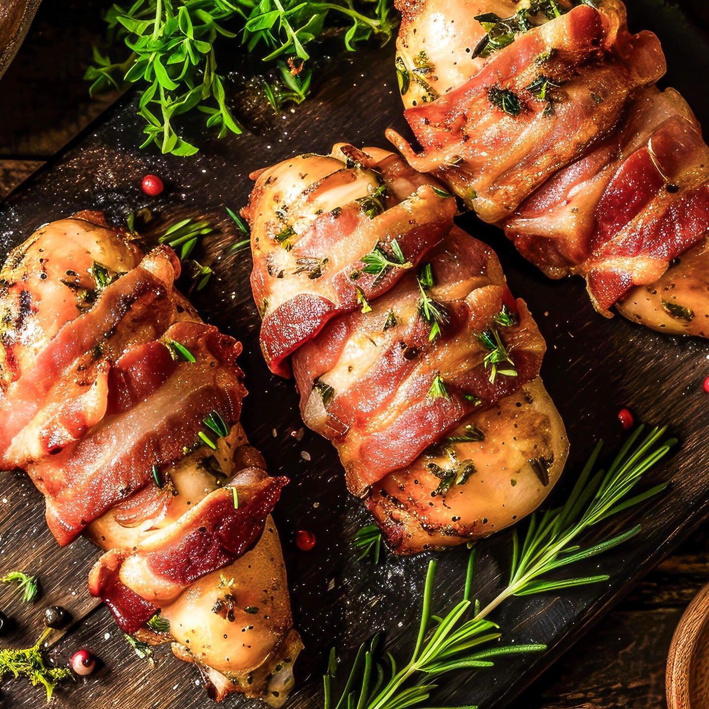 Bacon-wrapped stuffed chicken breasts with jalapenos, prepared for BBQ, from Pig of the Month BBQ, ready for delivery.