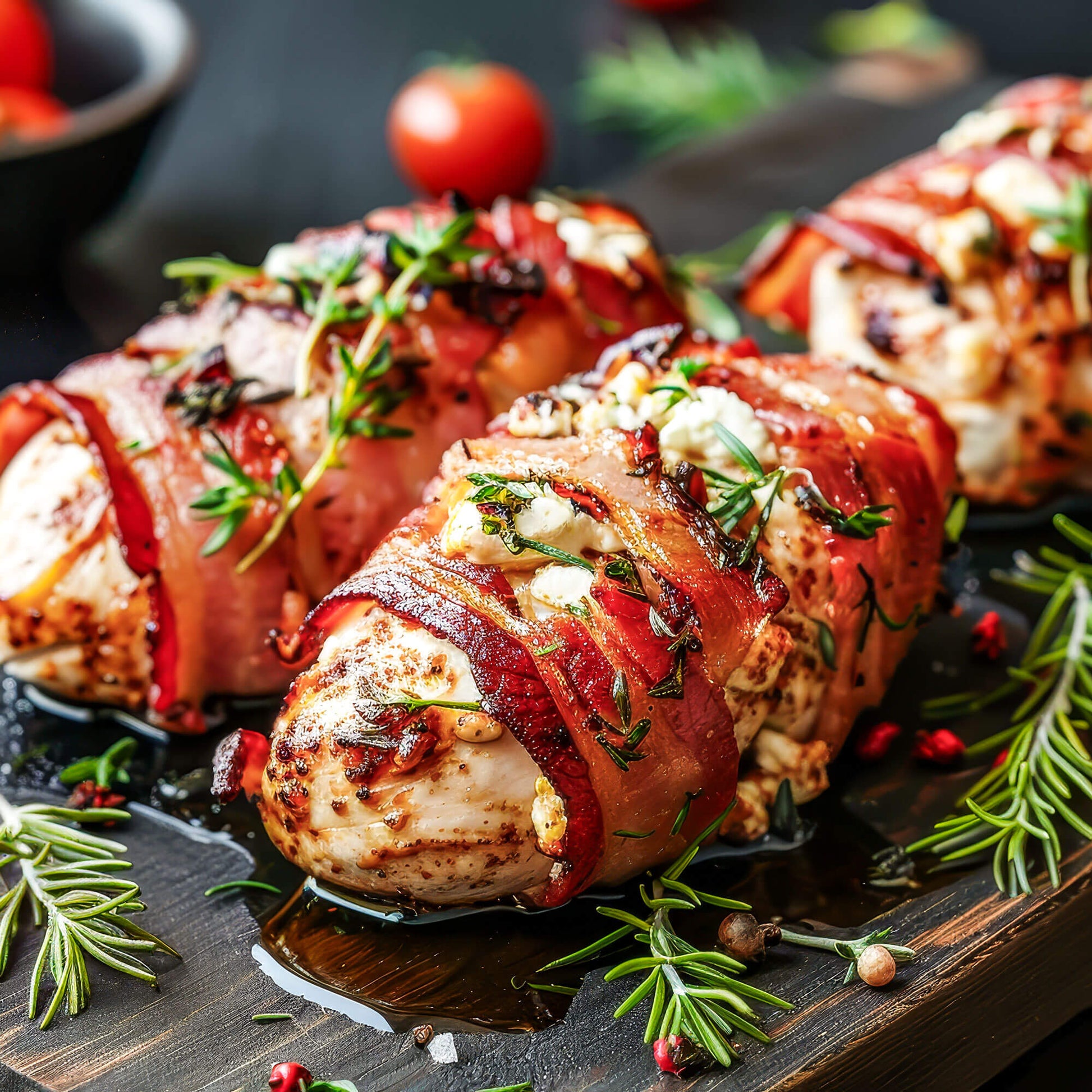 Bacon-wrapped stuffed chicken breasts from Pig of the Month BBQ, ready for grilling or baking. Juicy and flavorful BBQ chicken.
