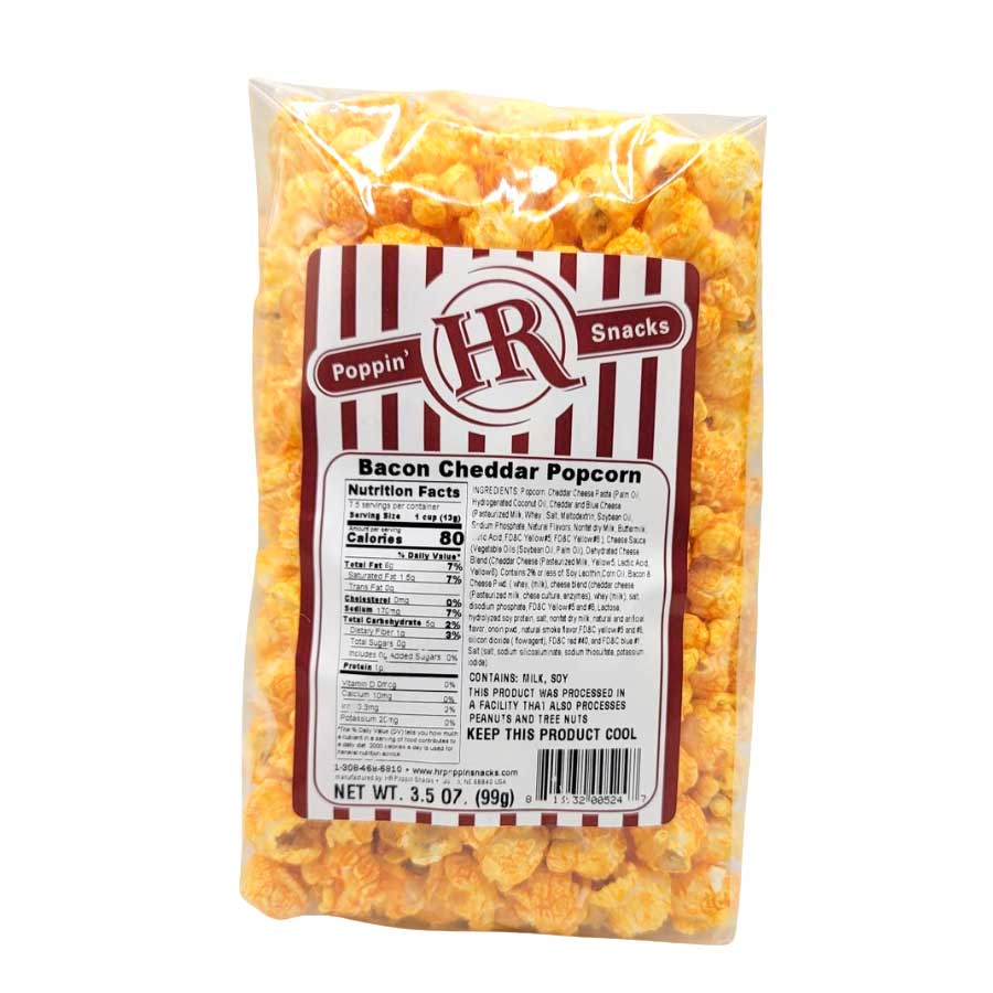 Bacon cheddar popcorn in a 3.5 oz bag, crispy snack with savory bacon and cheddar flavors from HR Poppin' Snacks.