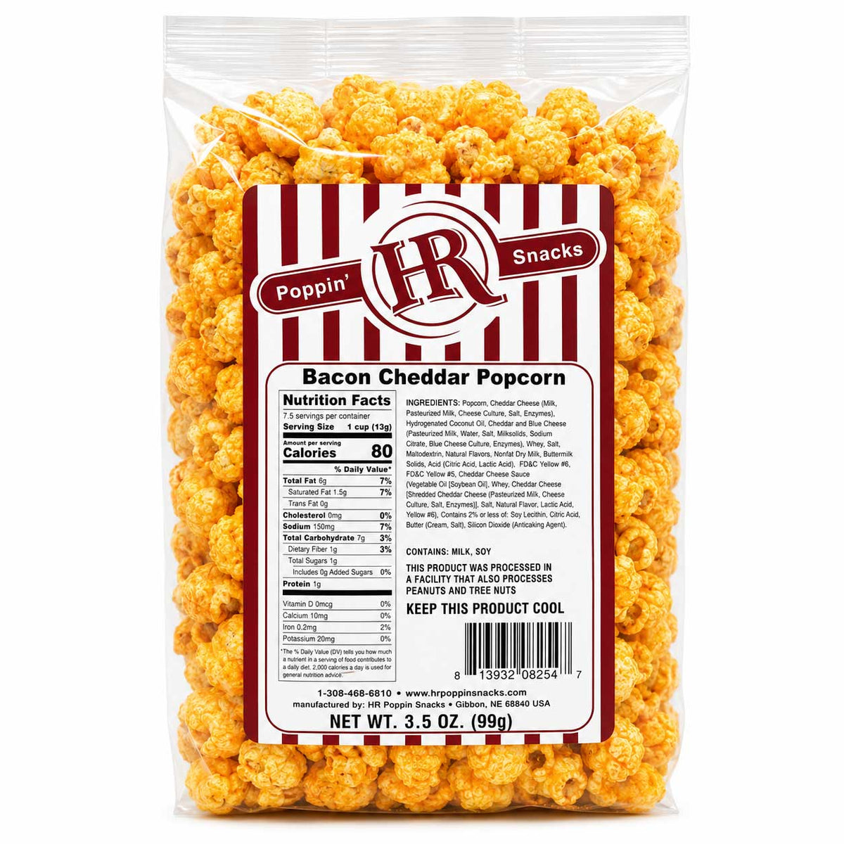 Bacon cheddar popcorn in a 3.5 oz bag by HR Poppin' Snacks, featuring crispy bacon pieces and melted cheddar cheese.