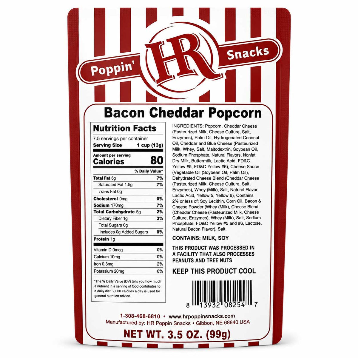 Bacon cheddar popcorn in a 3.5 oz bag from HR Poppin' Snacks with crispy bacon pieces and cheddar cheese flavor.