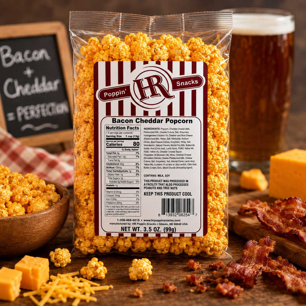 Bacon Cheddar Popcorn in 3.5 oz bag from HR Poppin' Snacks, featuring crispy bacon and sharp cheddar cheese flavor.