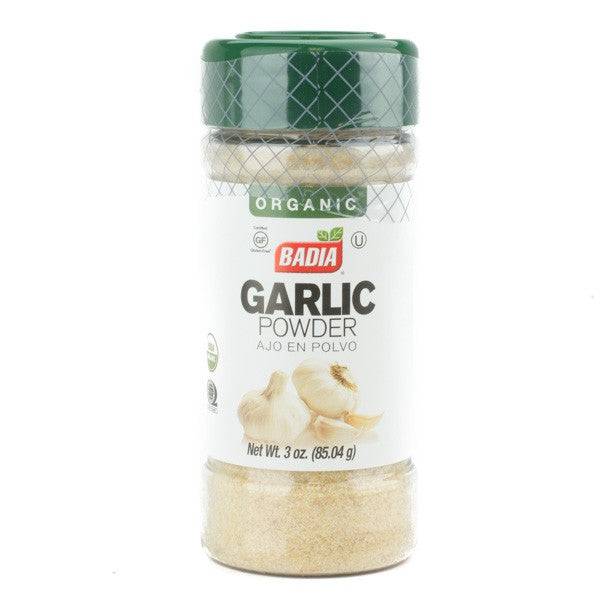 Organic garlic powder from Badia, a natural herb and spice used for seasoning and cooking.