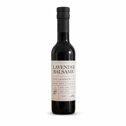 Lavender Balsamic Vinegar from Our Lavender Co in a glass bottle, 12.7 oz, with a label featuring lavender flowers.