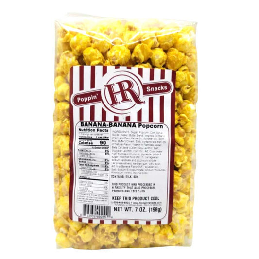 Banana-flavored popcorn in a 7 oz bag from HR Poppin' Snacks, featuring ripe banana pieces and golden popcorn kernels.