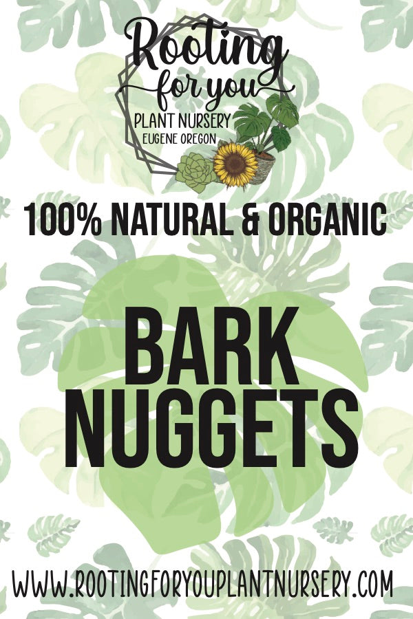 Organic Bark Nuggets soil amendment by Rooting For You Plant Nursery, showing close-up of textured bark nuggets for gardening.