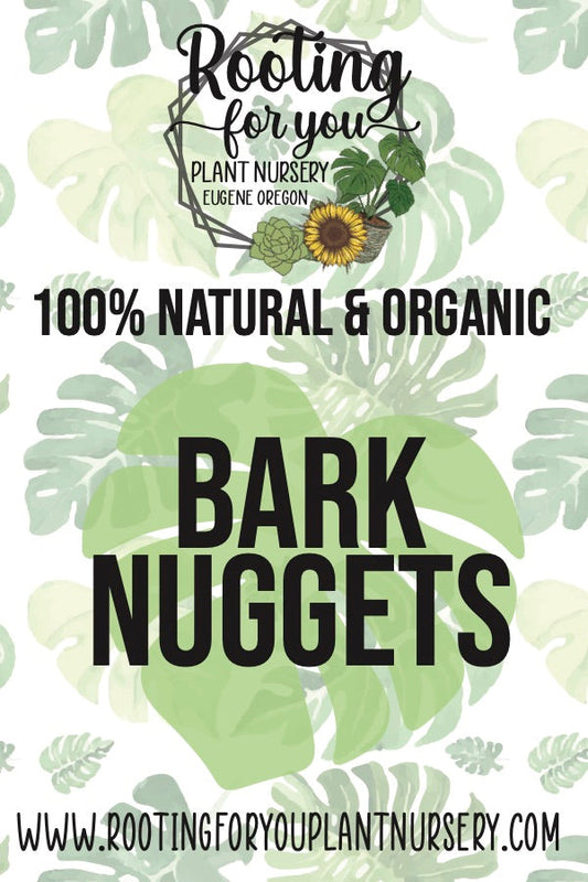 Organic Bark Nuggets soil amendment by Rooting For You Plant Nursery, showing close-up of textured bark nuggets for gardening.