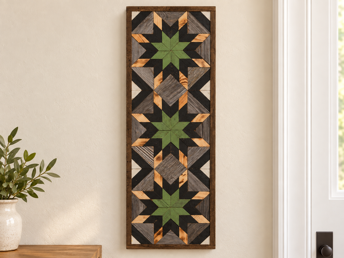 Amish Handmade Barn Quilt banner featuring a colorful geometric pattern, measuring 10.5 x 30 inches, displayed on a wall.