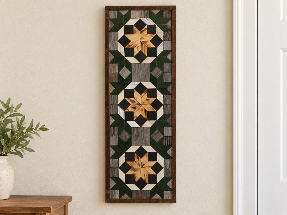 Amish handmade barn quilt banner with traditional geometric patterns, measuring 10.5 x 30 inches, displayed on a white background.