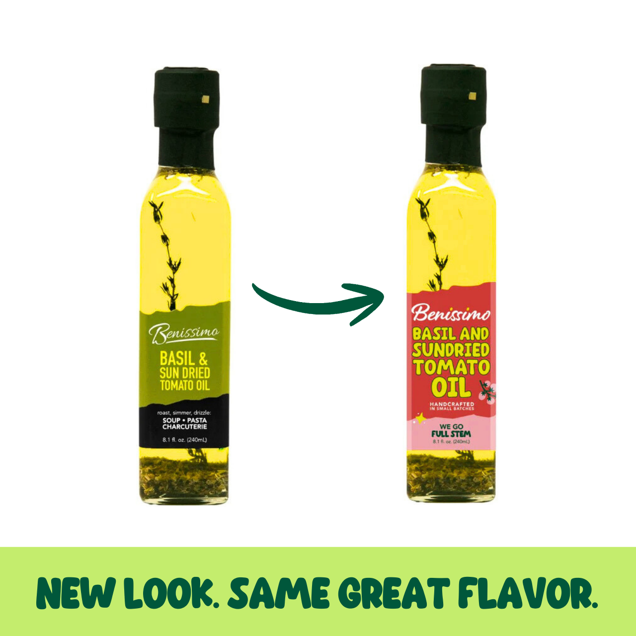 Benissimo Basil and Sun Dried Tomato Oil by Hongar Farms in a 240mL bottle, featuring fresh basil and sun-dried tomatoes.