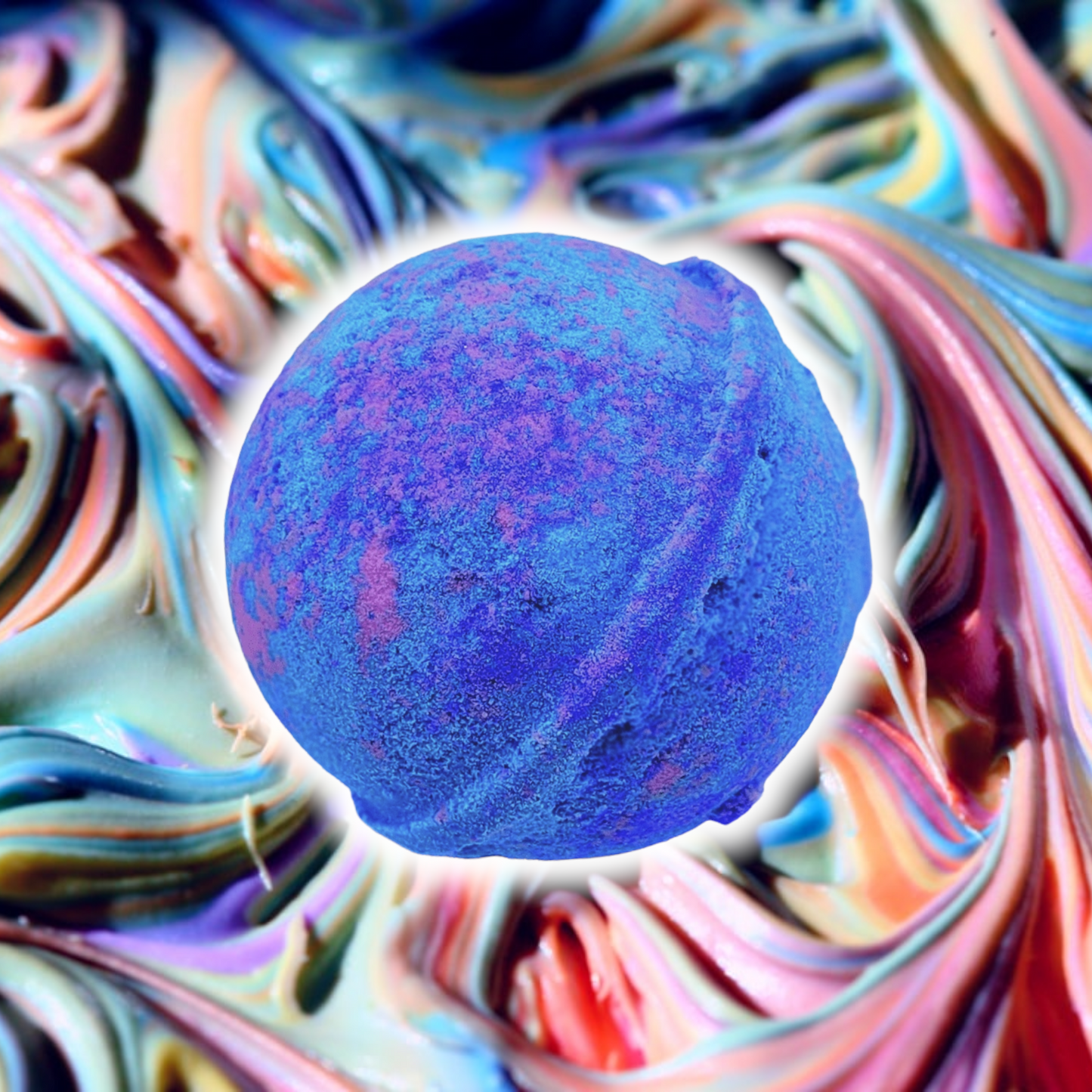 Evolve Botanica birthday cake bath bomb with colorful swirls and festive design, ready for a relaxing bath.