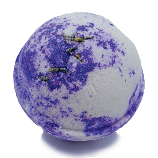 Lavender Detox bath bomb by Evolve Botanica, showing a colorful, round bath bomb with lavender and natural botanical ingredients.