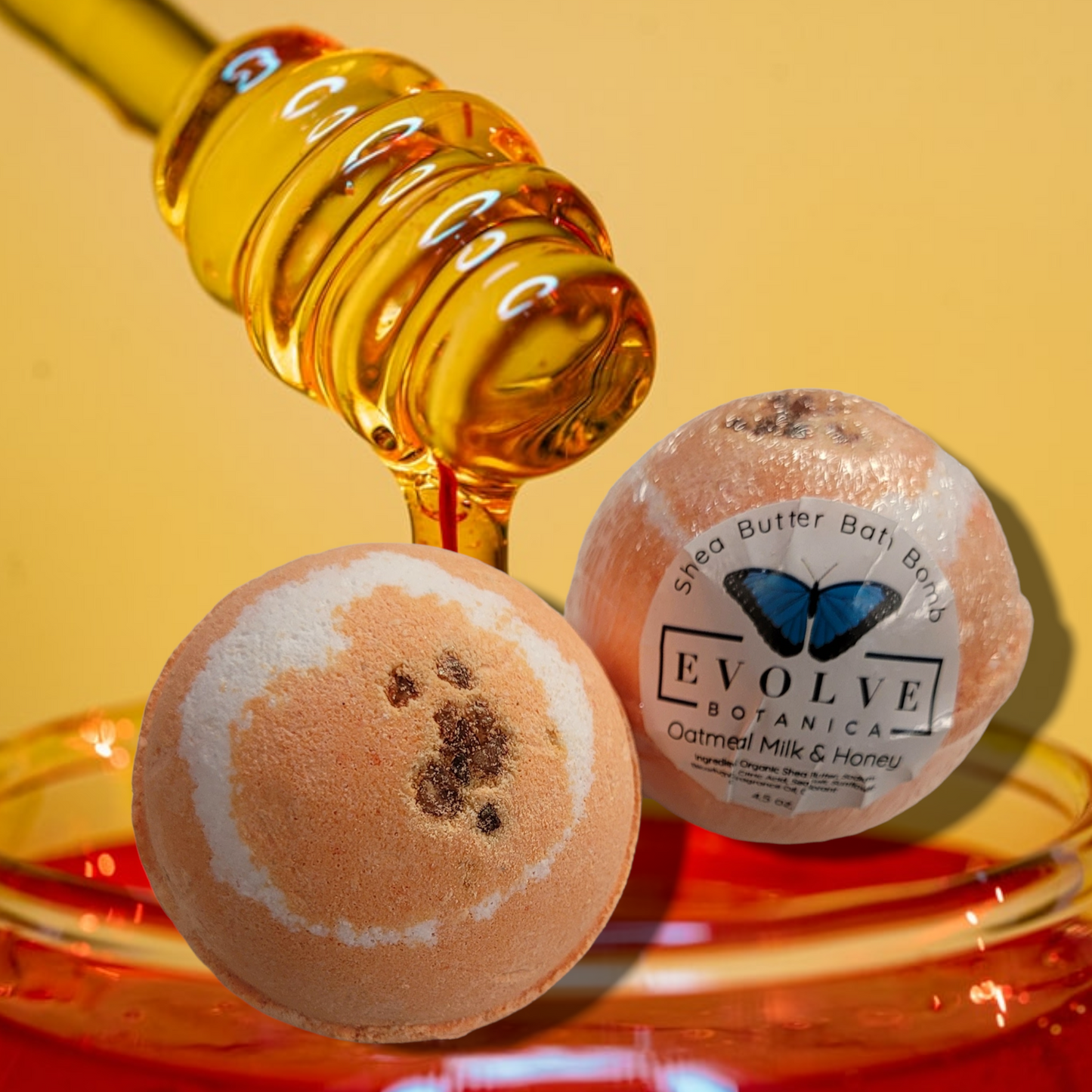 Evolve Botanica Oatmeal Milk Honey bath bomb with a creamy, textured surface ready for a relaxing bath soak.