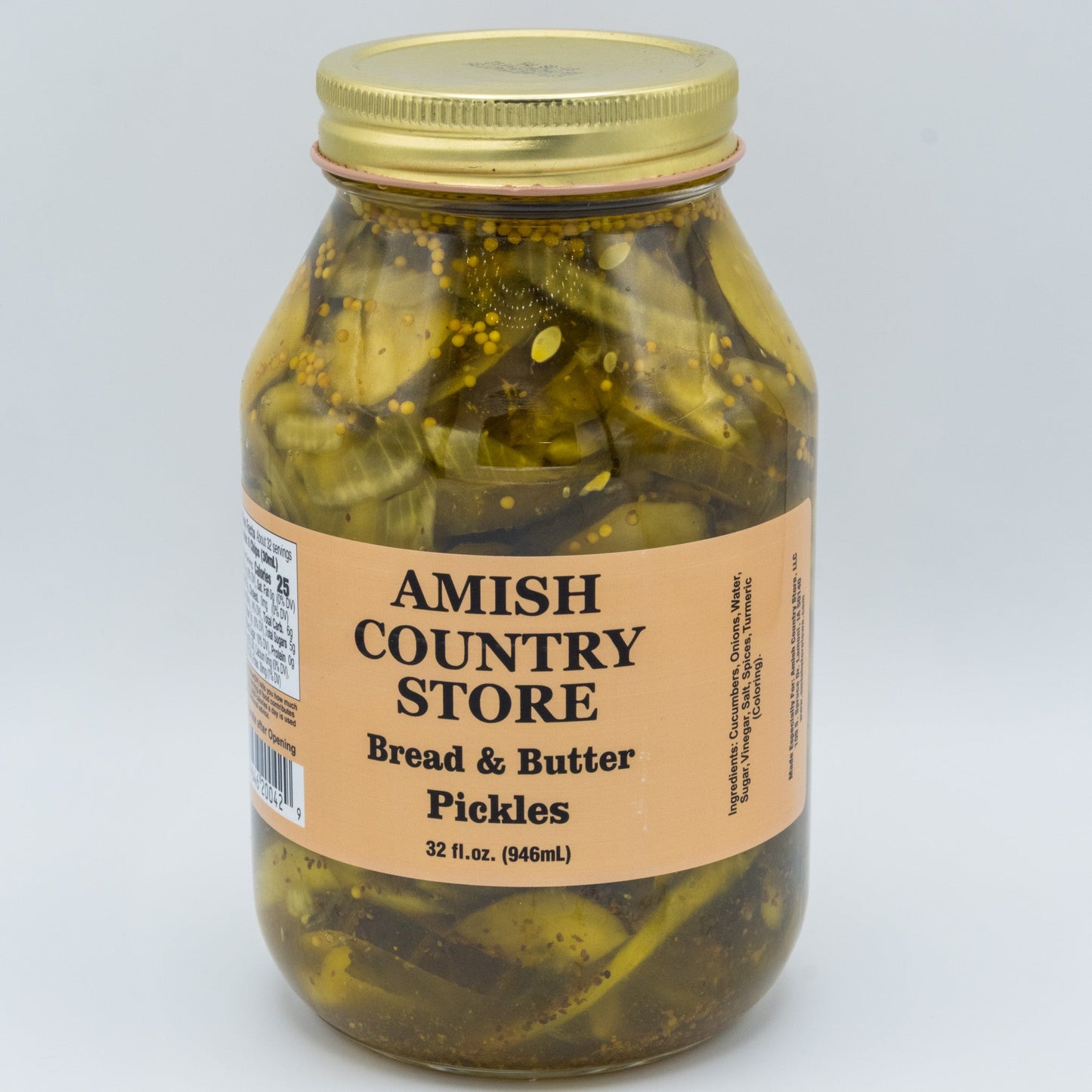 Canned Amish Country Store Bread & Butter Pickles jar with label, showing the front of the 32 oz pickle can.