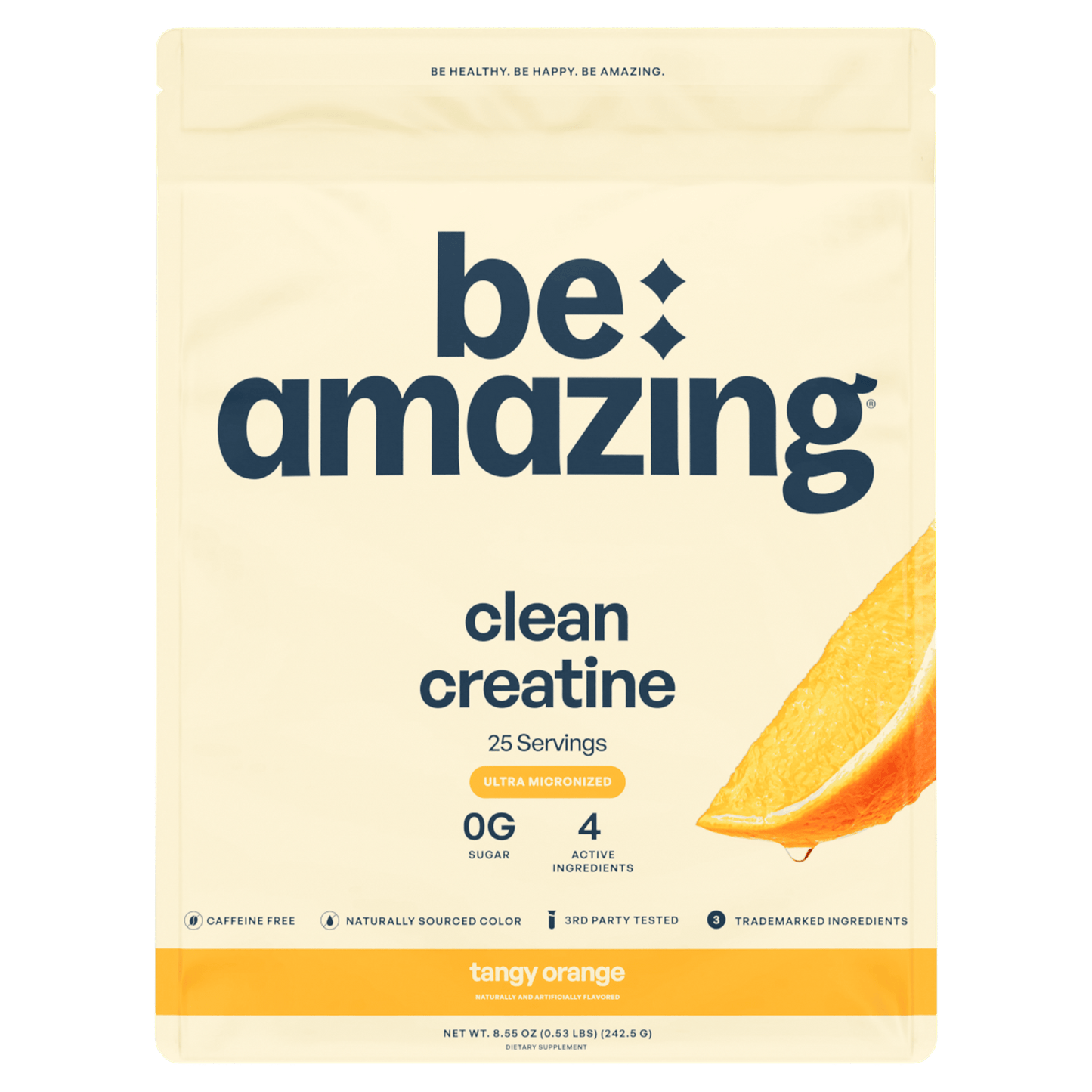 Unflavored Be Amazing Clean Creatine powder in a clear container with 25 servings, showing the product label and scoop.