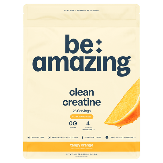 Unflavored Be Amazing Clean Creatine powder in a clear container with 25 servings, showing the product label and scoop.