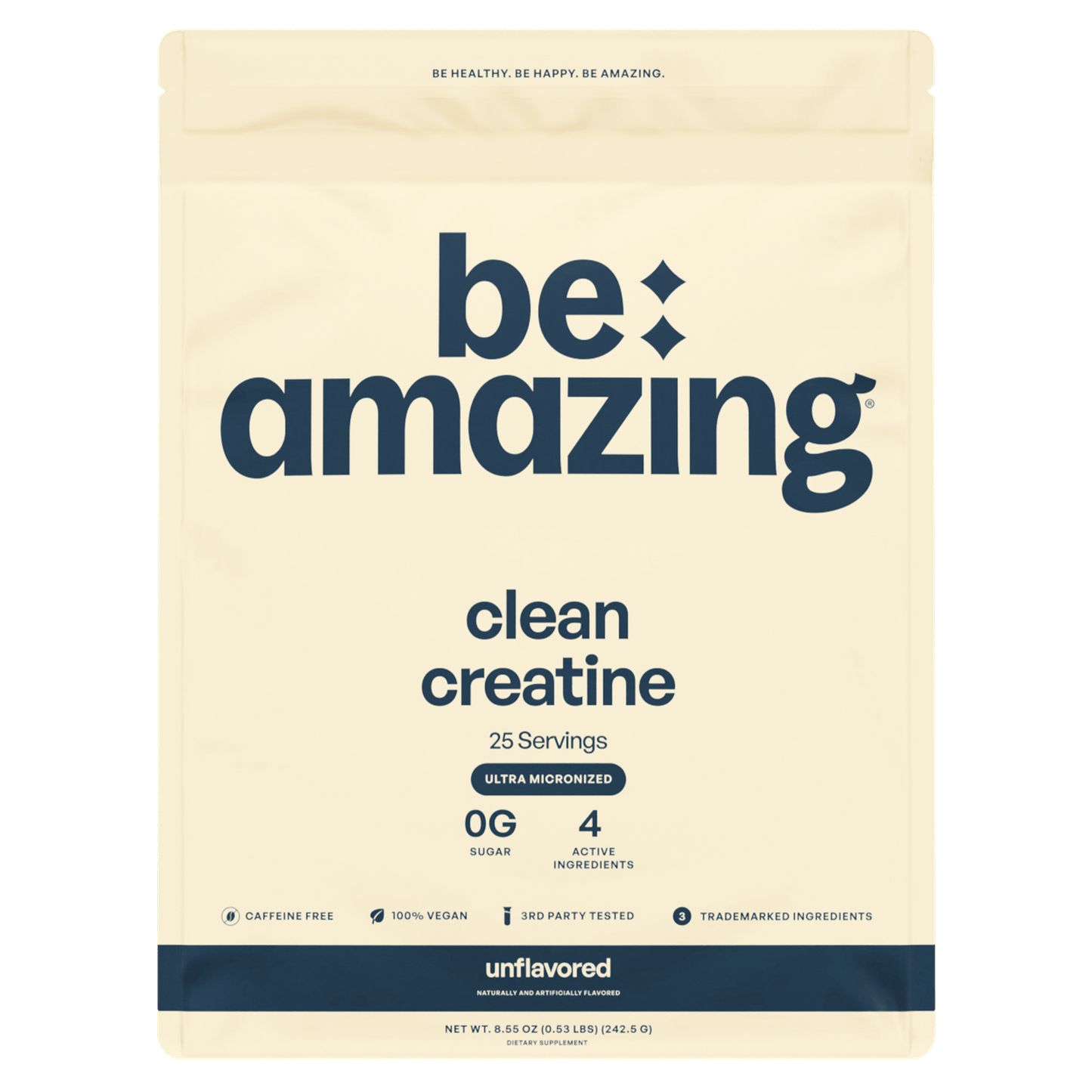 Unflavored Be Amazing Clean Creatine powder in a container, showing the product label and serving scoop.
