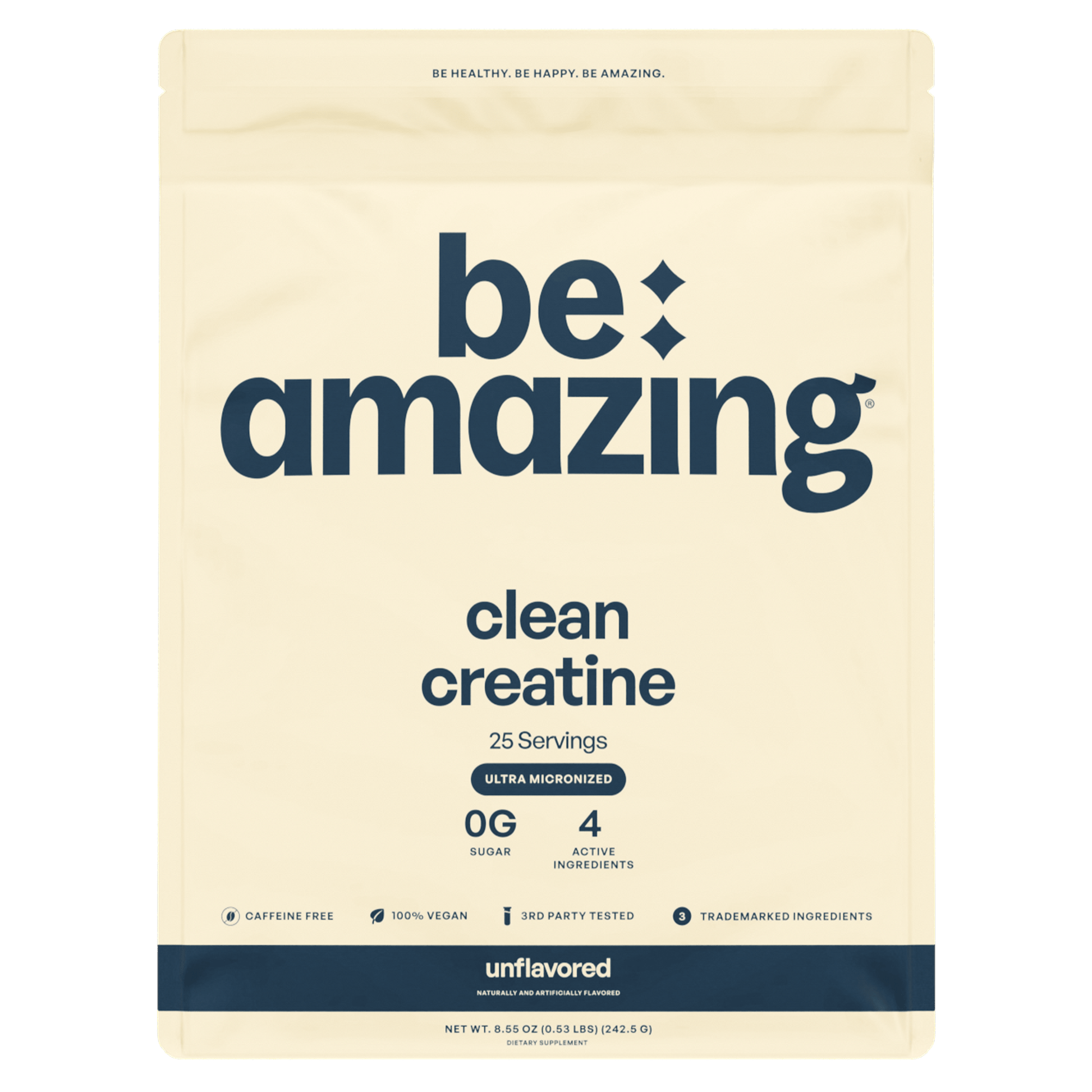 Unflavored Be Amazing Clean Creatine powder in a container, showing the product label and serving scoop.