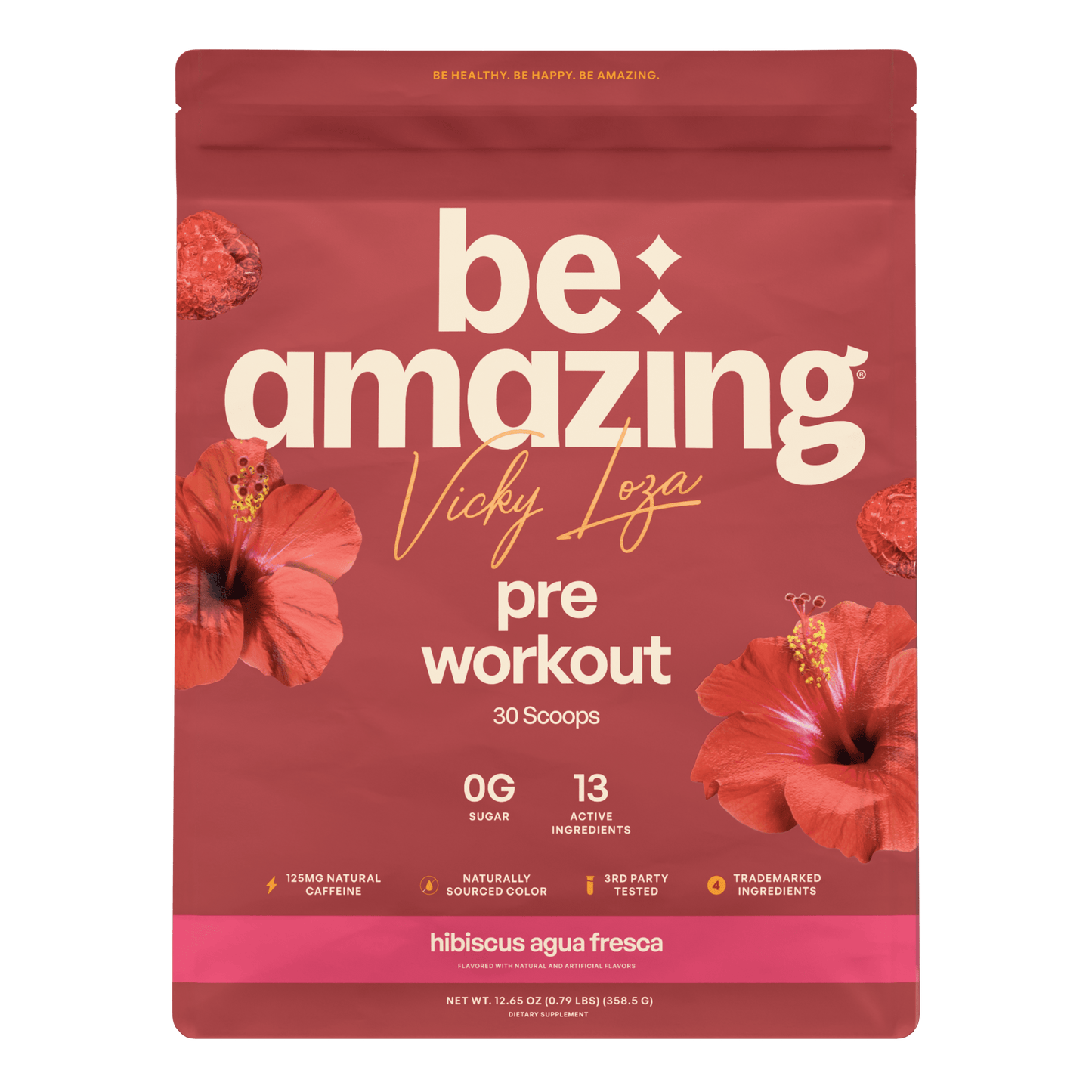 Be Amazing pre-workout powder in Dole Whip Pineapple flavor, 30 scoops, showing the colorful supplement container and scoop.