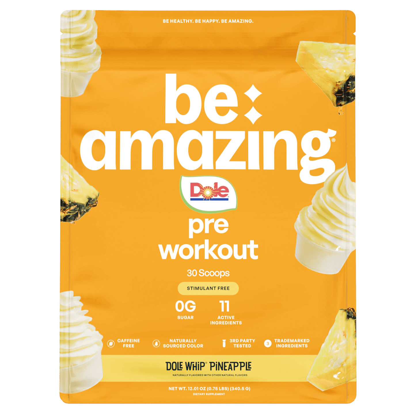 Be Amazing pre-workout supplement in Dole Whip Pineapple flavor with 30 scoops, showing the colorful powder and scoop.