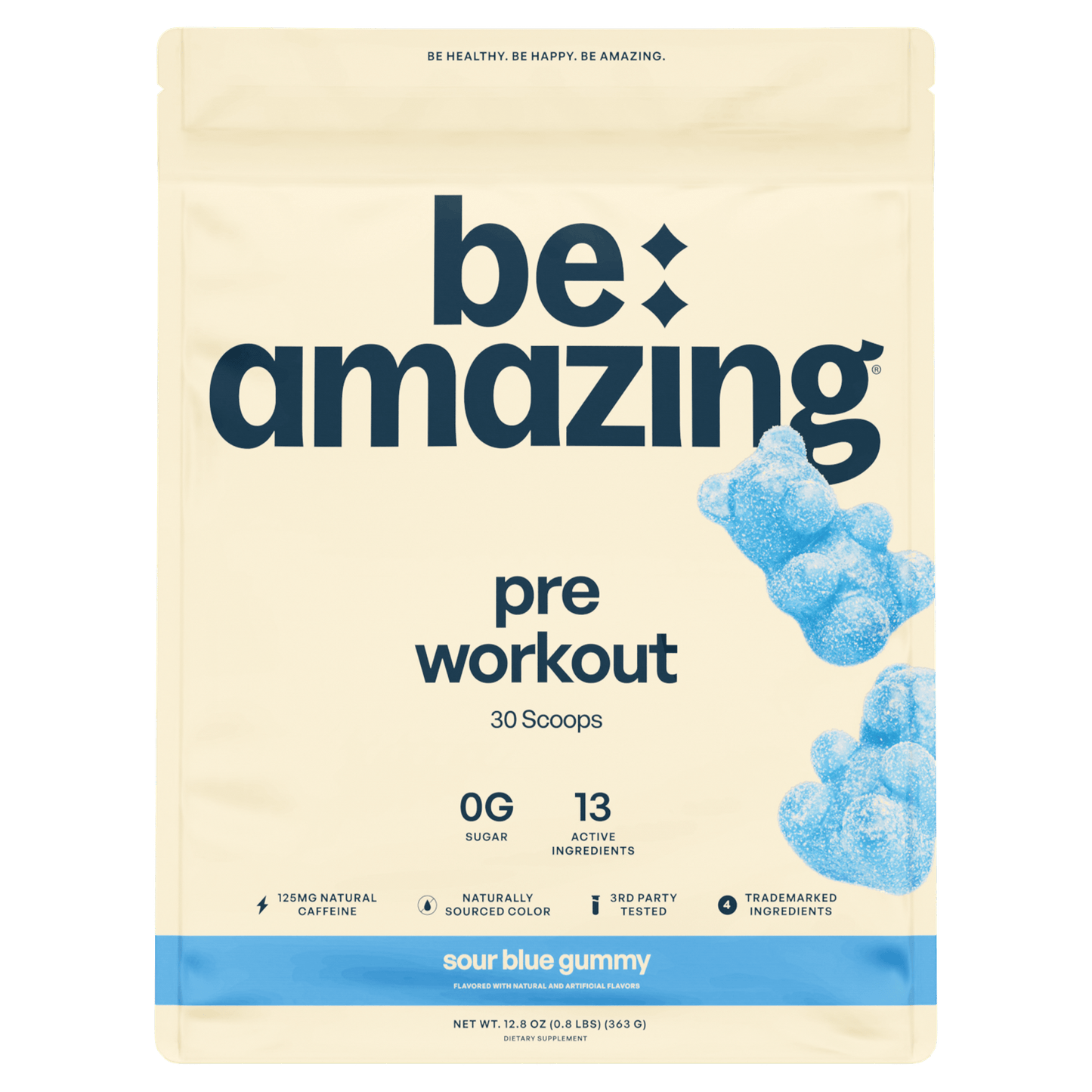 Be Amazing pre-workout powder in Dole Whip Pineapple flavor, 30 scoops, showing the colorful container and scoop inside.
