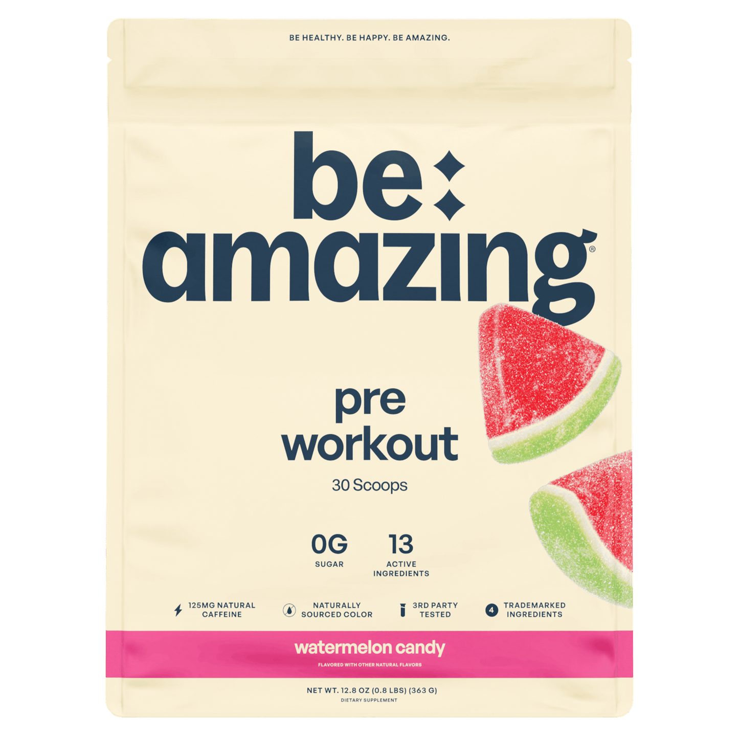 Be Amazing Pre-Workout powder in Dole Whip Pineapple flavor, 30 scoops, showcasing the colorful supplement container and scoop.