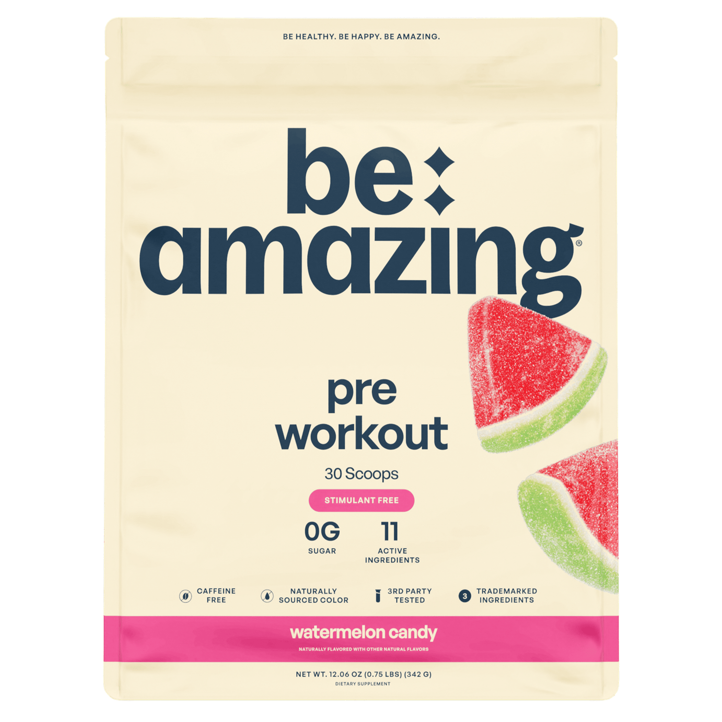Be Amazing pineapple-flavored pre-workout powder in a jar with 30 scoops, designed to boost energy and performance during exercise.
