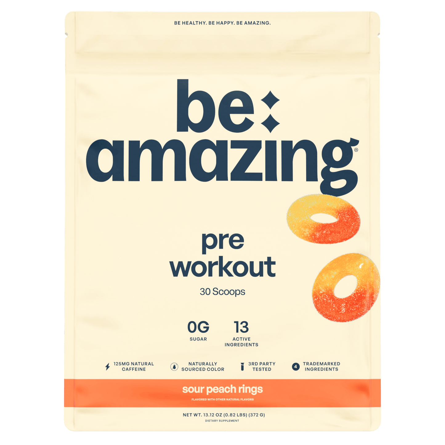 Be Amazing pre-workout powder in Dole Whip Pineapple flavor, 30 scoops, showing the colorful container and scoop inside.