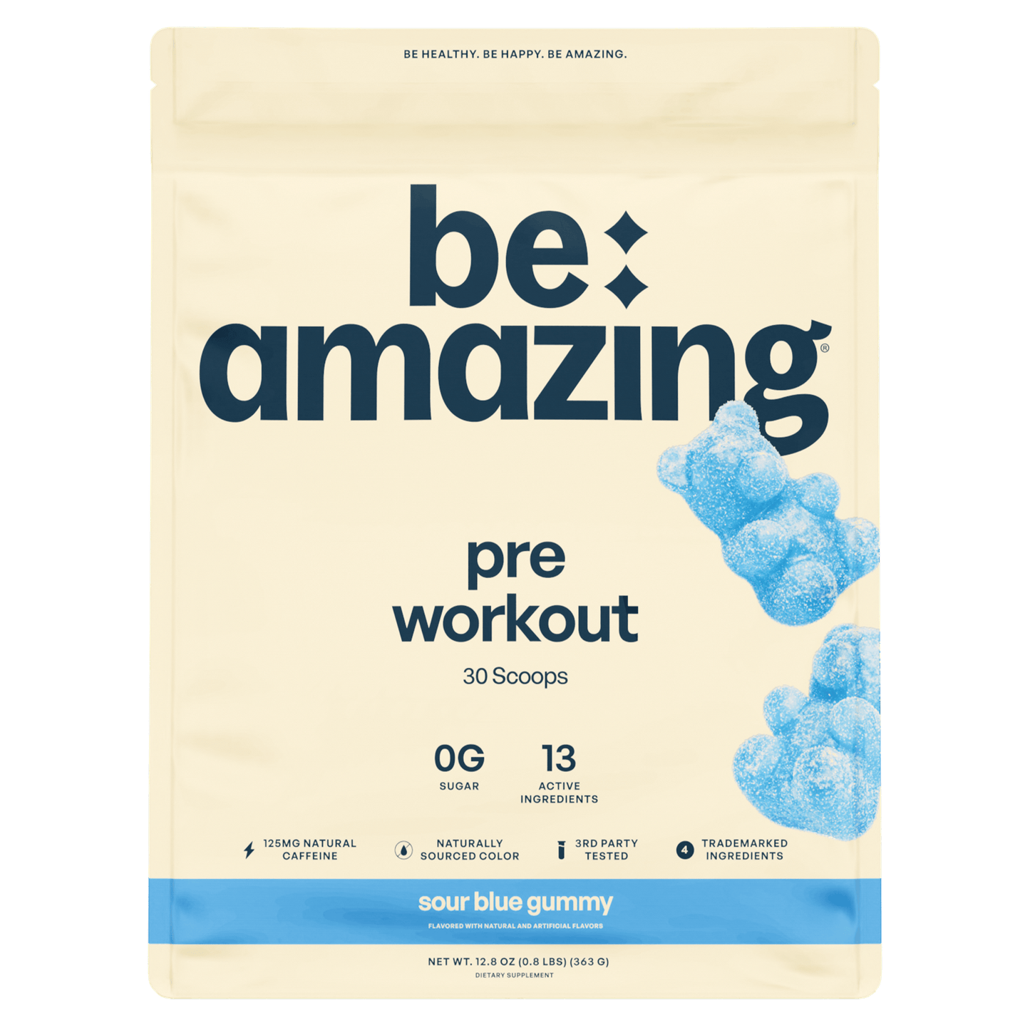 Be Amazing pre-workout supplement in Dole Whip Pineapple flavor with 30 scoops, showing the container and scoop inside.