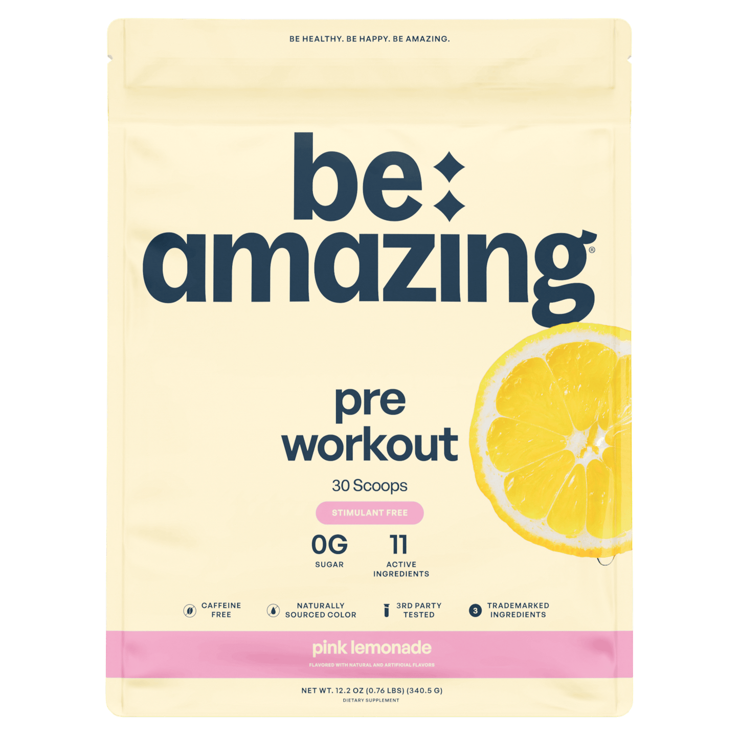 Be Amazing Pre-Workout supplement in Dole Whip Pineapple flavor, showing the 30-scoop container with vibrant pineapple imagery.